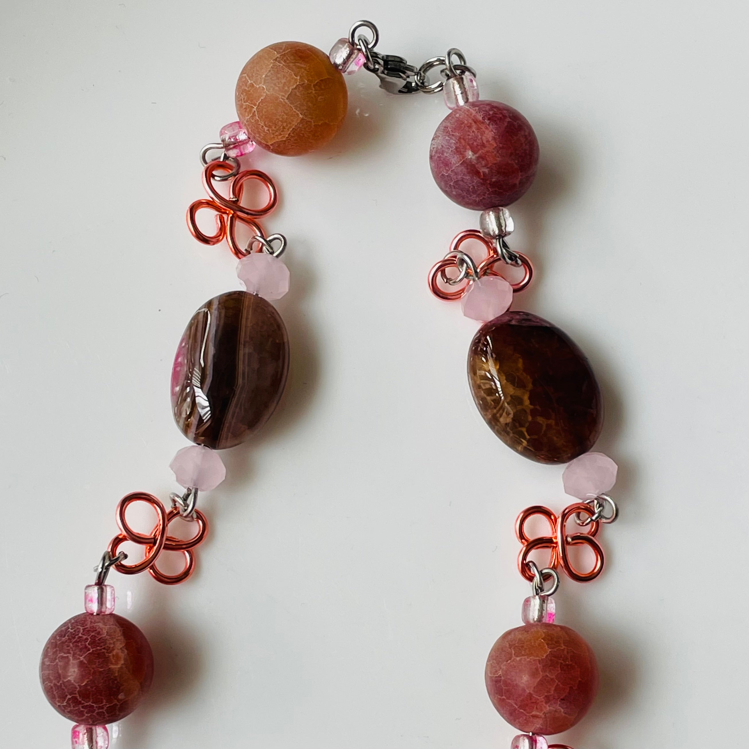 Unique Pink and Brown Swirl Gemstone Necklace with Wire