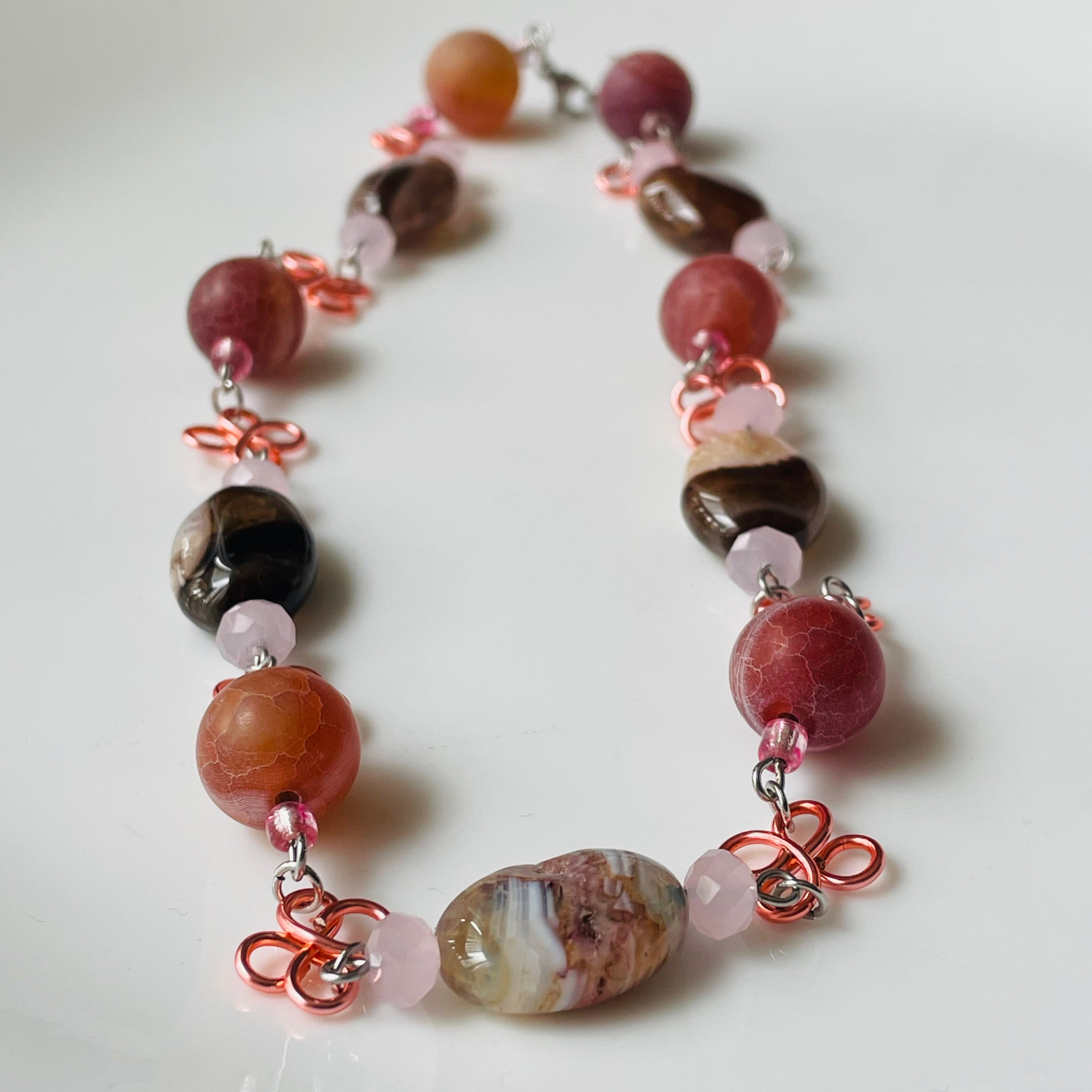 Unique Pink and Brown Swirl Gemstone Necklace with Wire