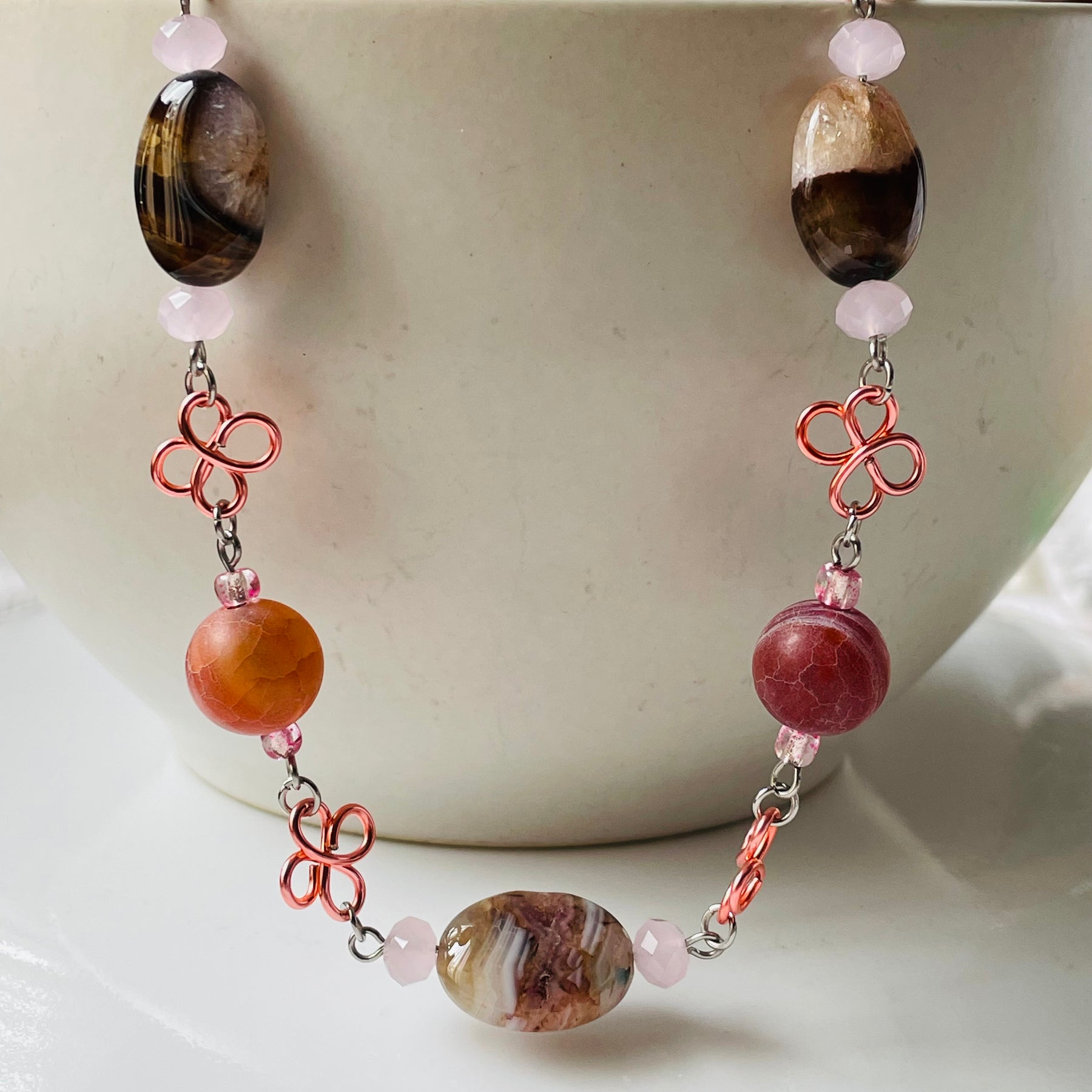 Unique Pink and Brown Swirl Gemstone Necklace with Wire