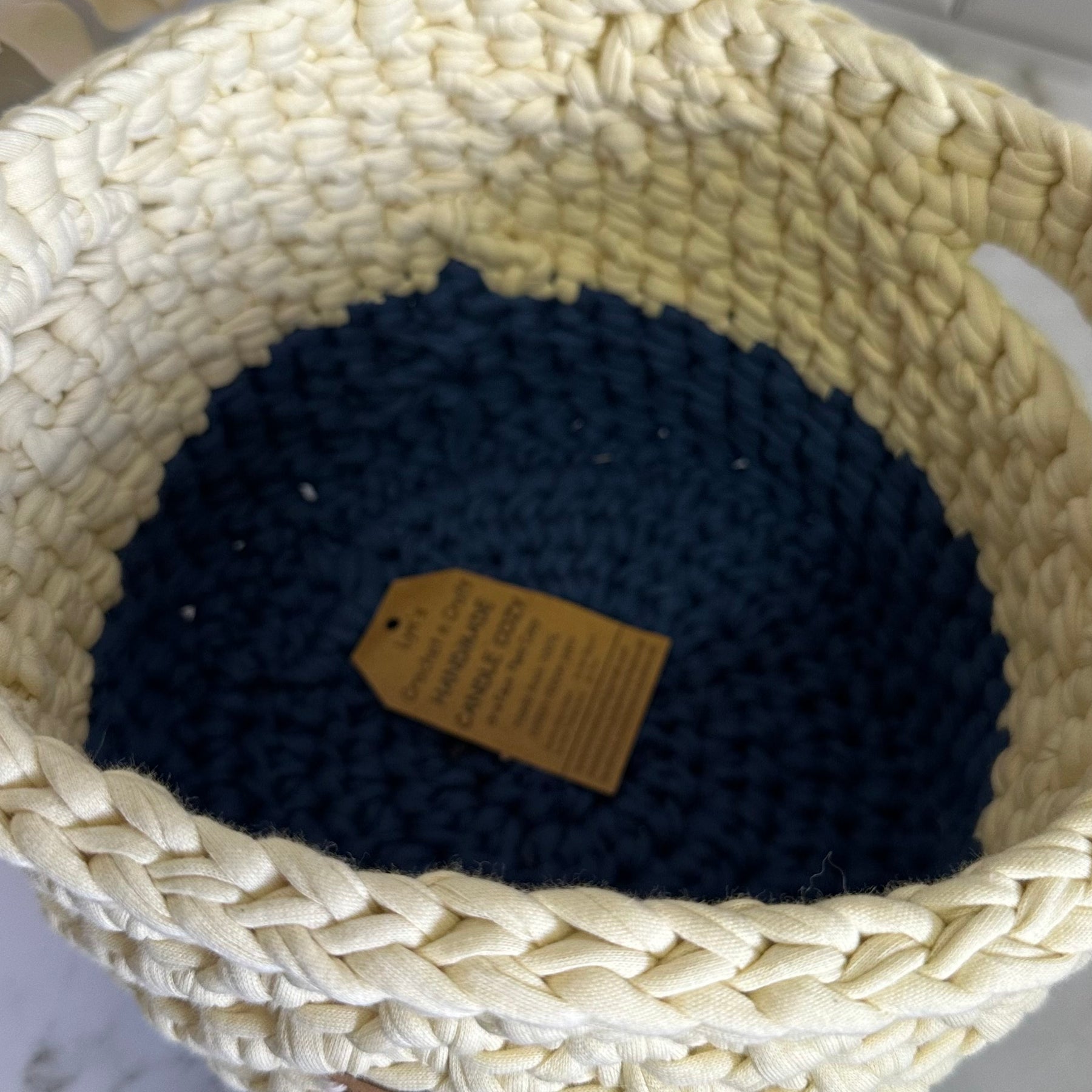 Handmade Crocheted Basket – Blue & Cream - Eco-Friendly Storage