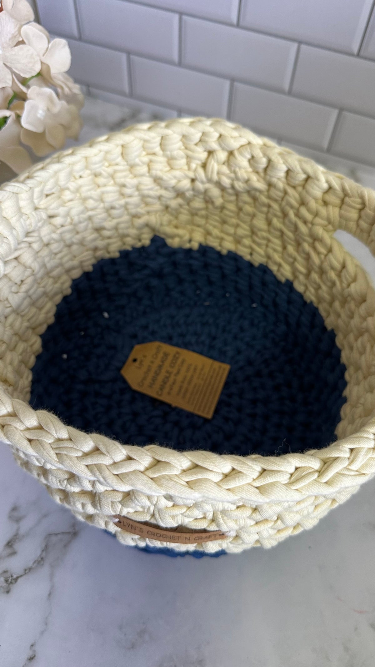 Handmade Crocheted Basket – Blue & Cream - Eco-Friendly Storage