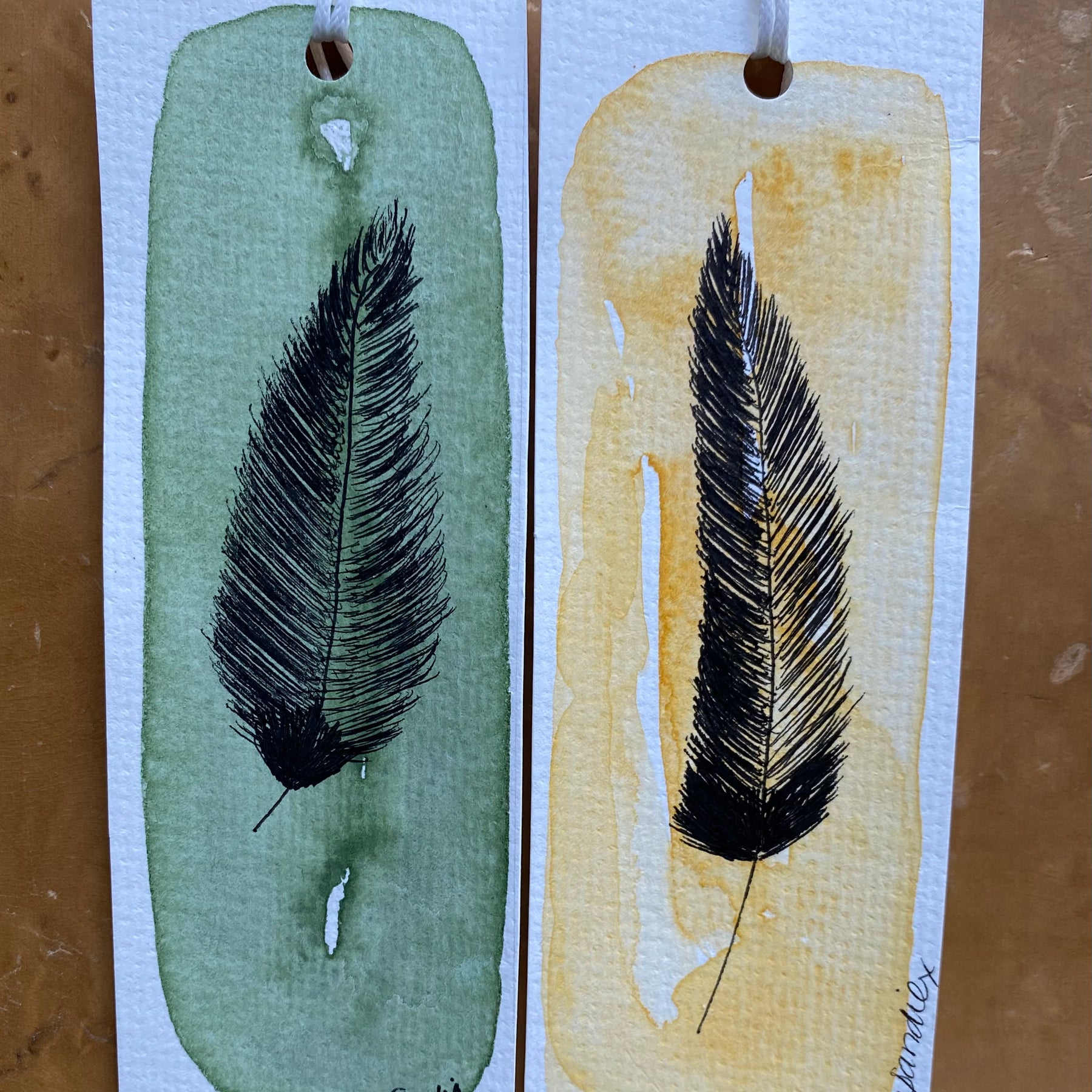 Two Feather Watercolour/Fineliner Bookmarks | Handmade Unique Bookmarks