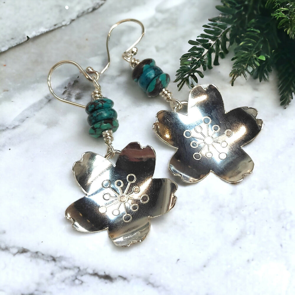 Vintage Blossom and Turquoise spoon earrings