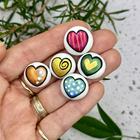 Set of 5 hand painted glass happiness pebbles- Iridescent hearts