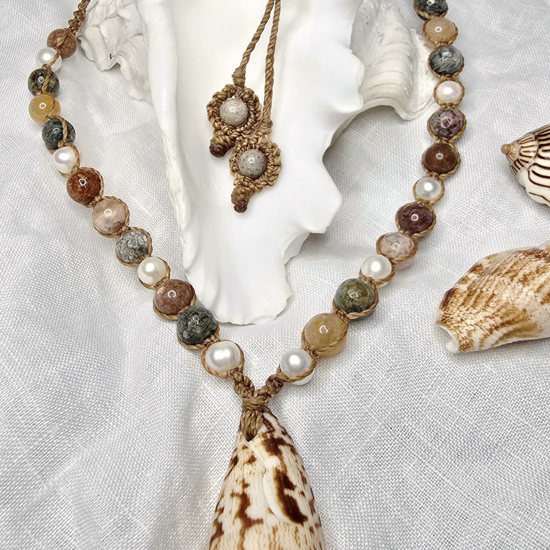 Cone Shell with Rare Ocean Agate & Pearl Necklace