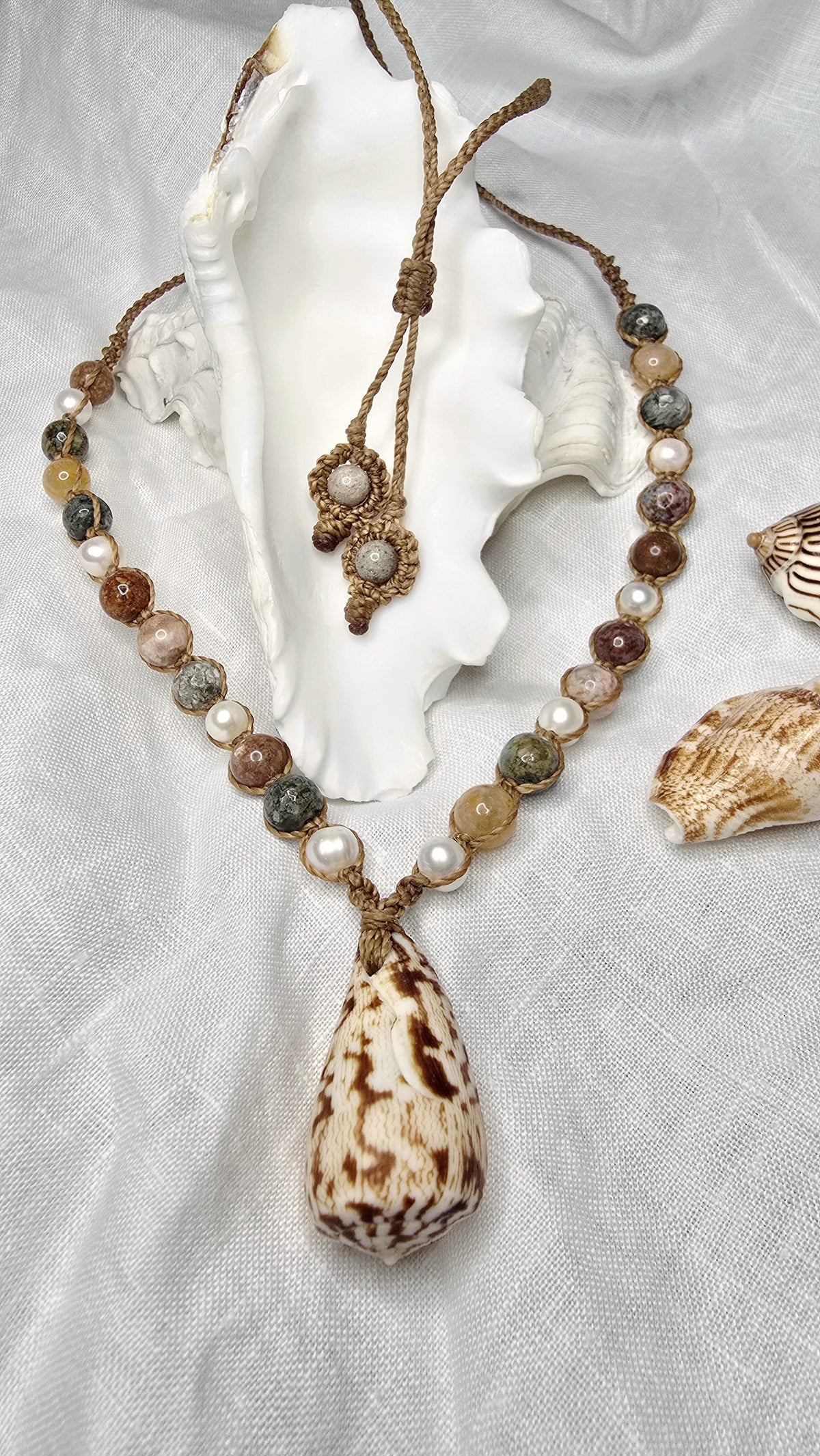 Cone Shell with Rare Ocean Agate & Pearl Necklace