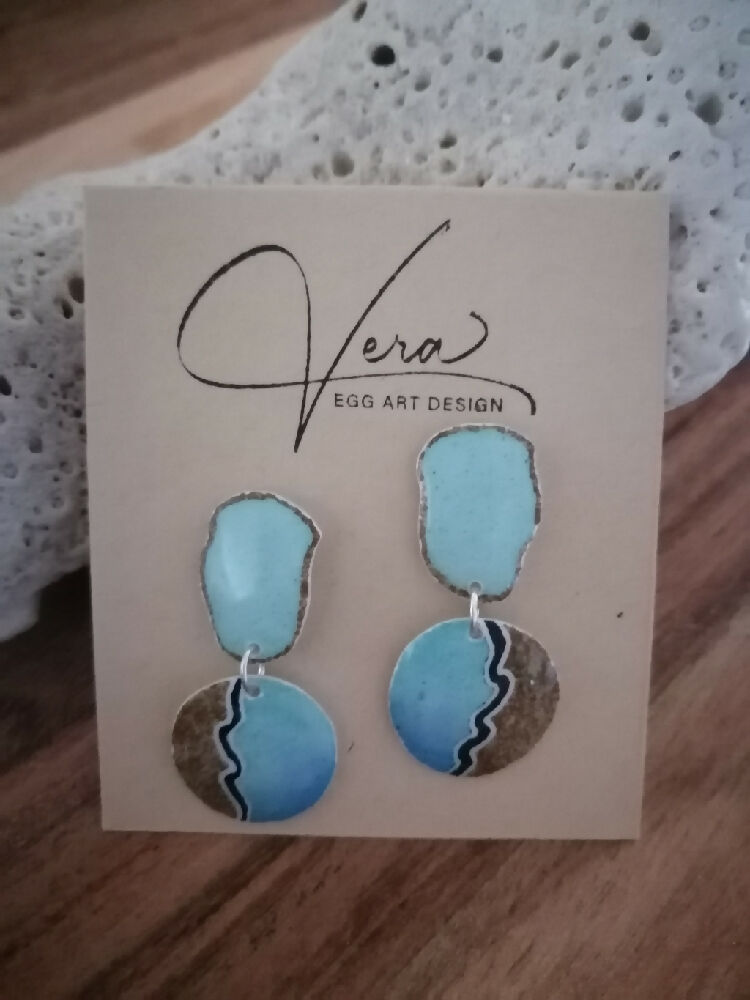 Beach Blue Water Goose Eggshell Dangle Silver Stud Earrings