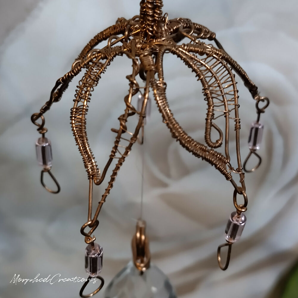 Woven Copper Wire Flower with Faceted Glass Pendant c