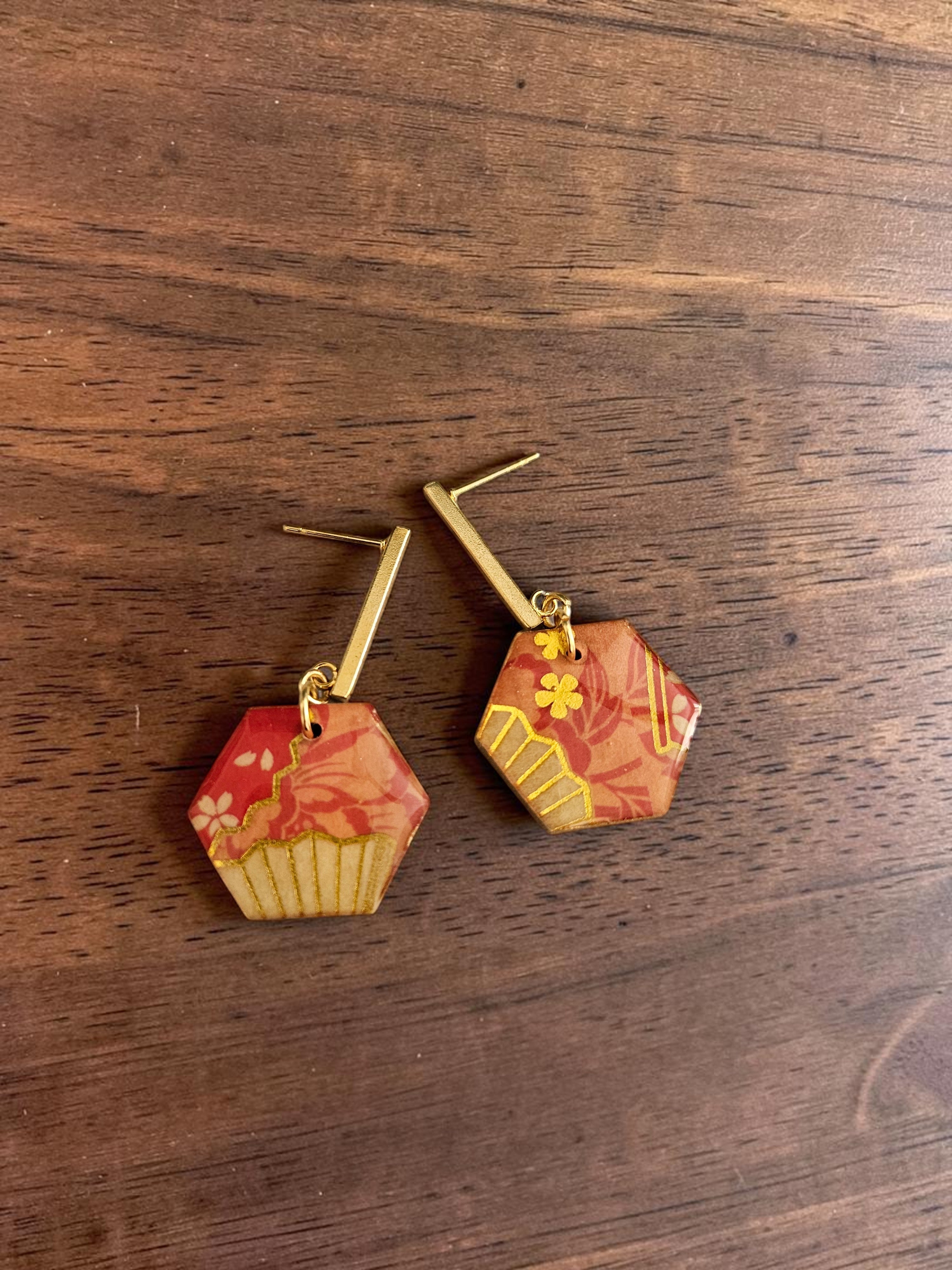 Unique Japanese Chiyogami Paper Earrings - Hexagonal Deep Pink Gold