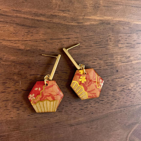 Unique Japanese Chiyogami Paper Earrings - Hexagonal Deep Pink Gold