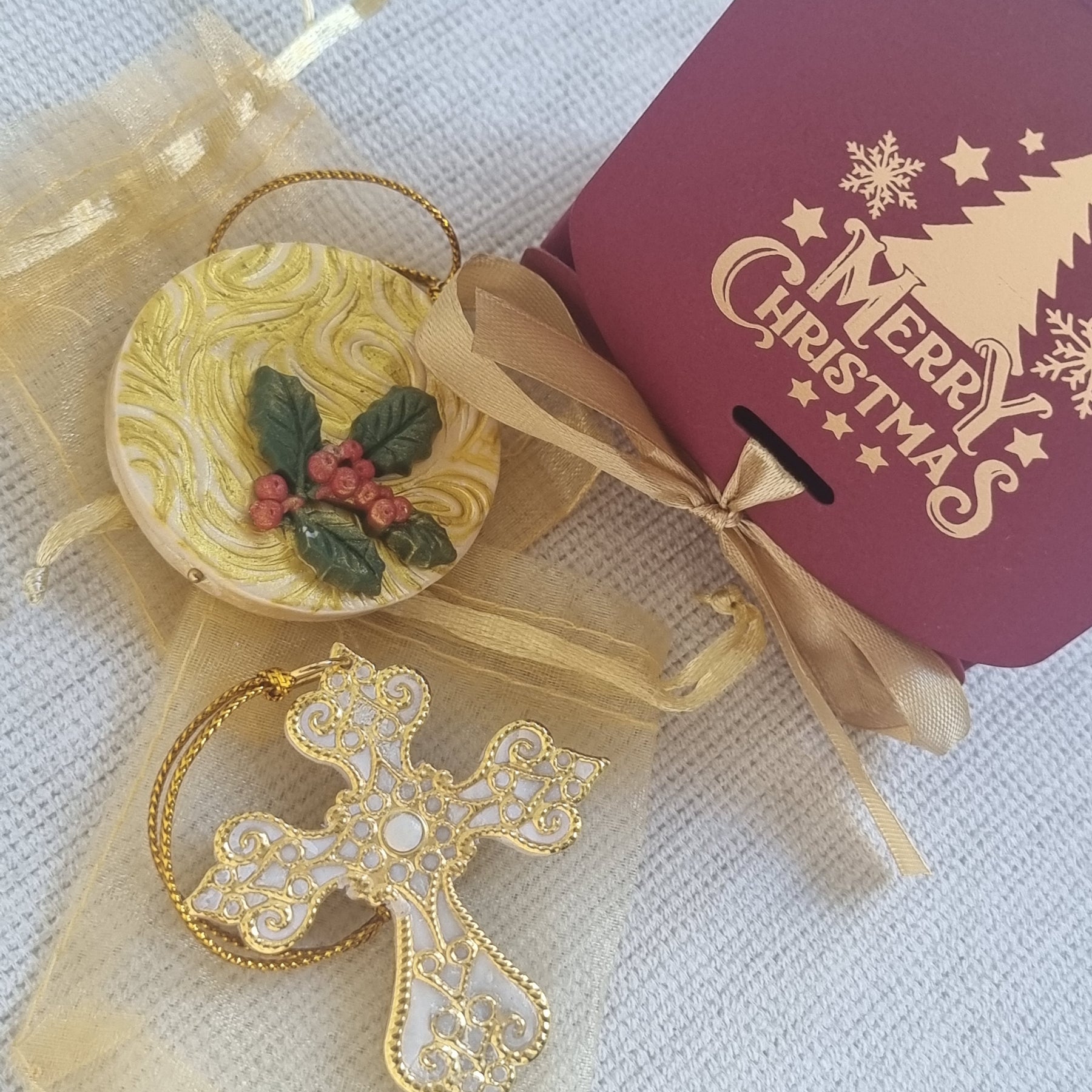 Golden Christmas Tree Deco Pair - Cross and Bauble