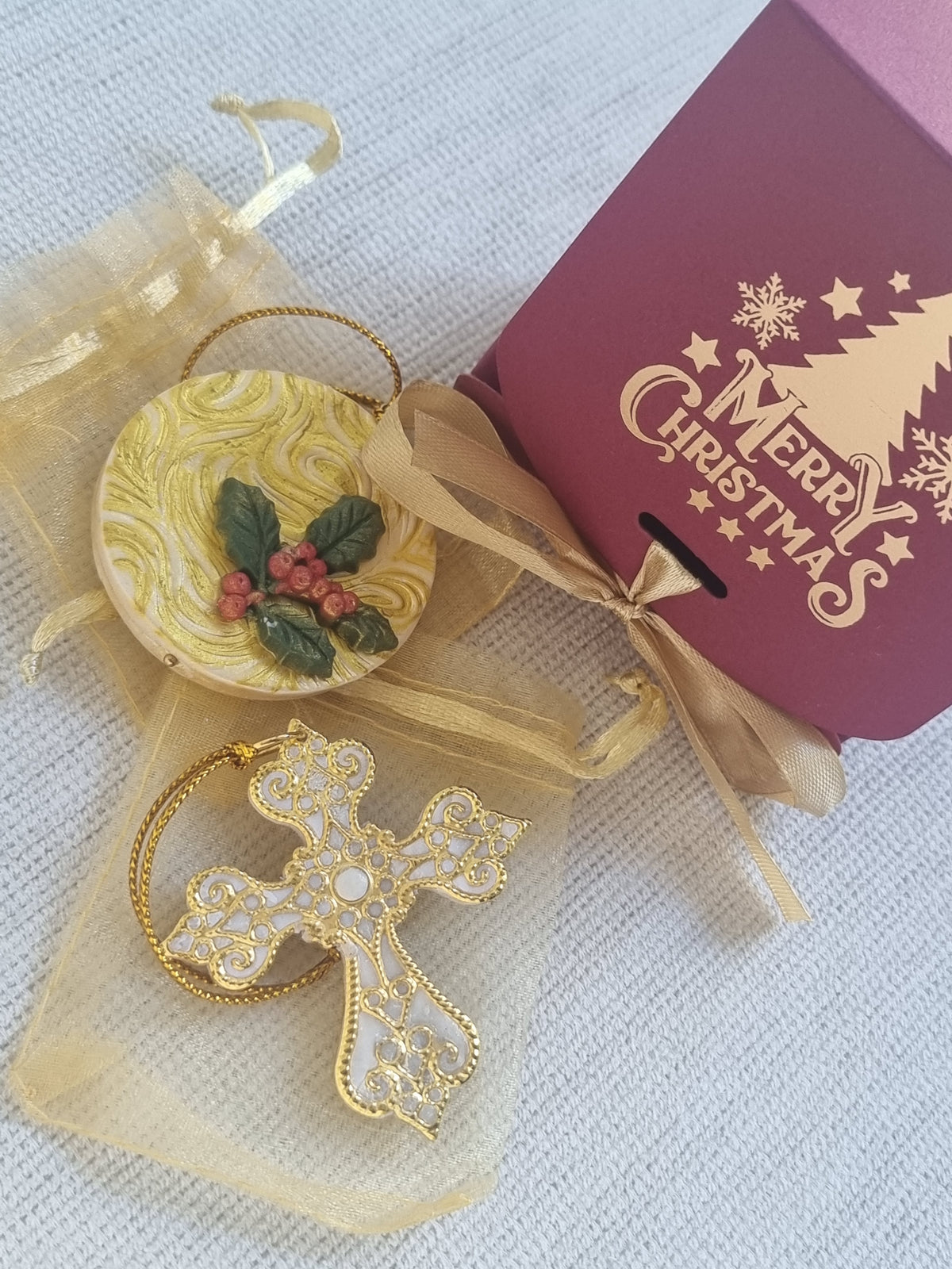 Golden Christmas Tree Deco Pair - Cross and Bauble