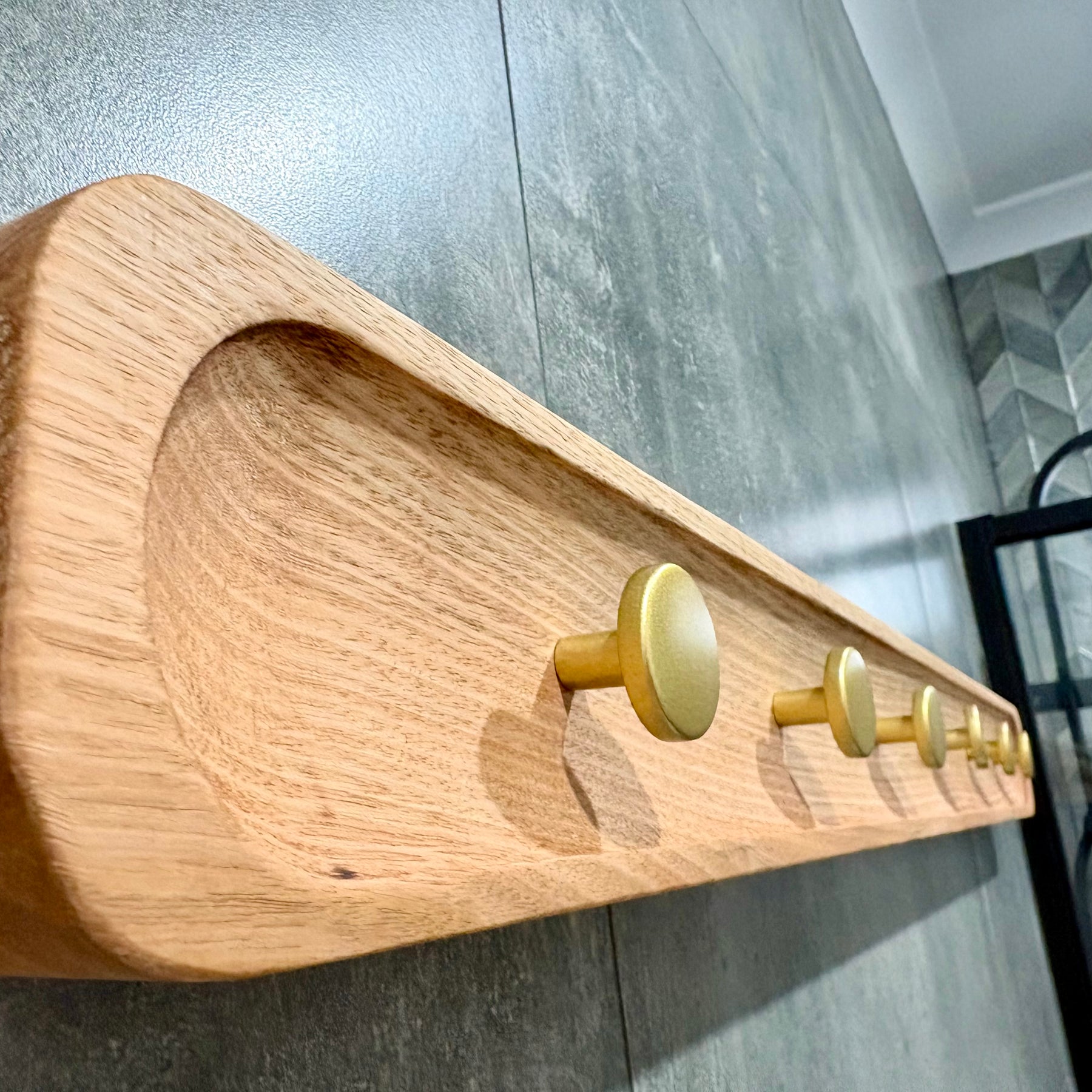 No.1 Tasmanian oak coat rack with gold hooks
