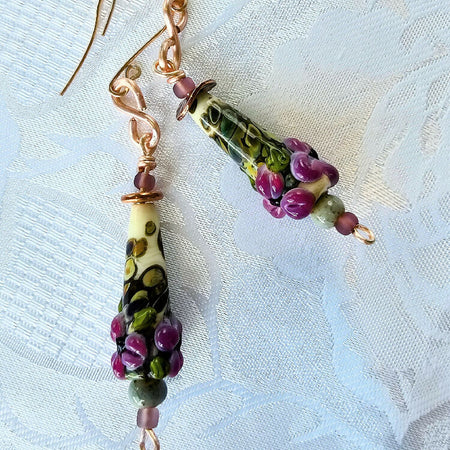 Gorgeous Purple Flower and Cream Lampwork Earrings