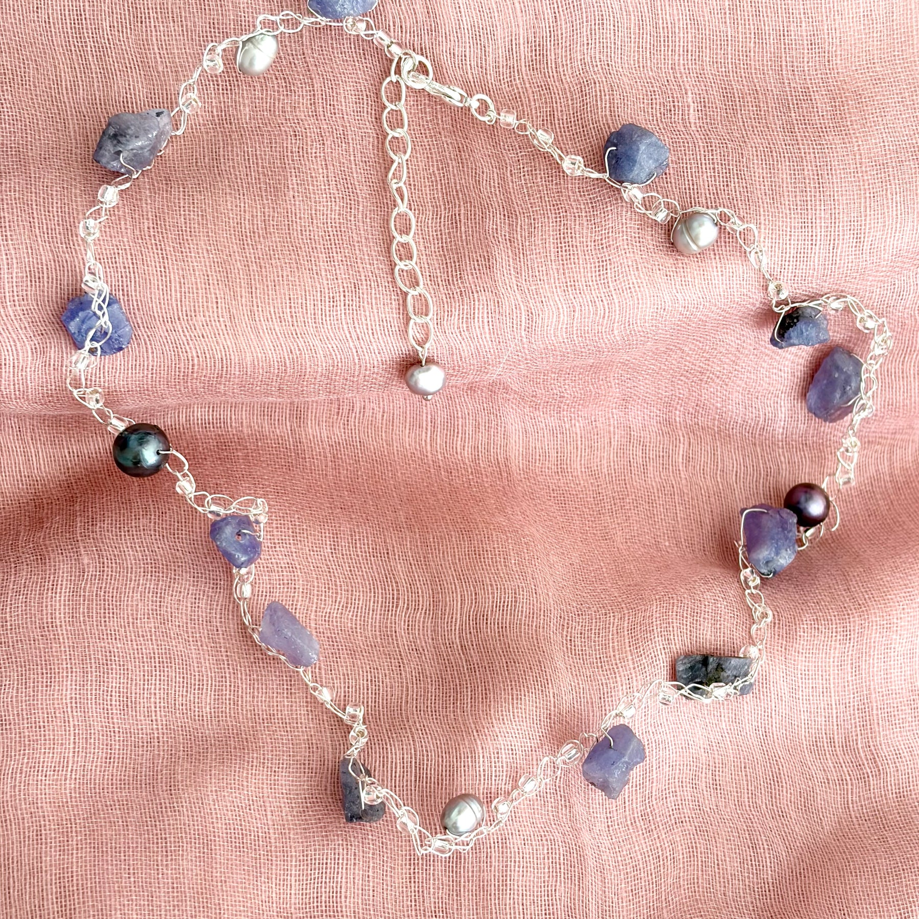 Tanzanite & Pearls Crochet Necklace “Magic”