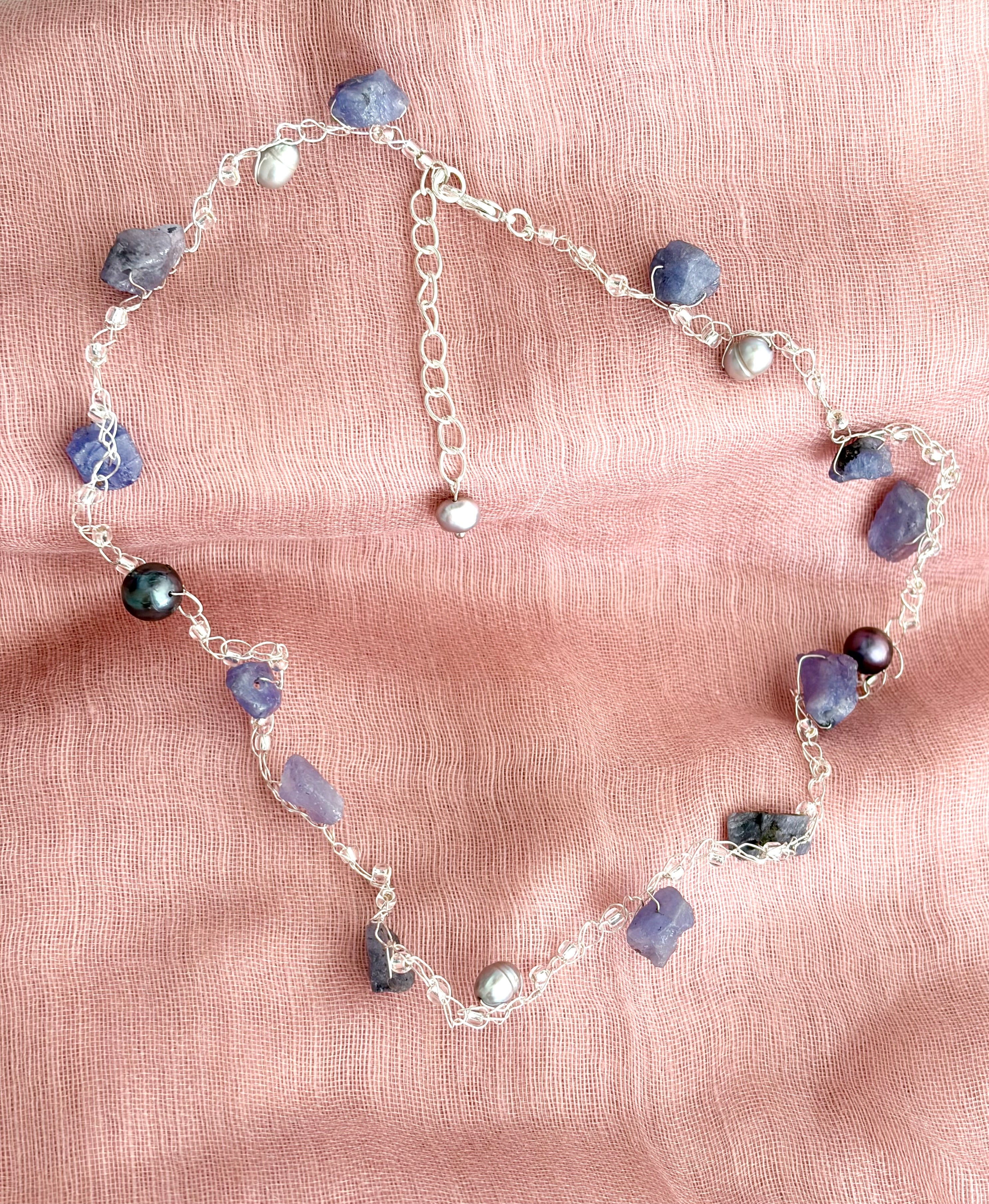 Tanzanite & Pearls Crochet Necklace “Magic”