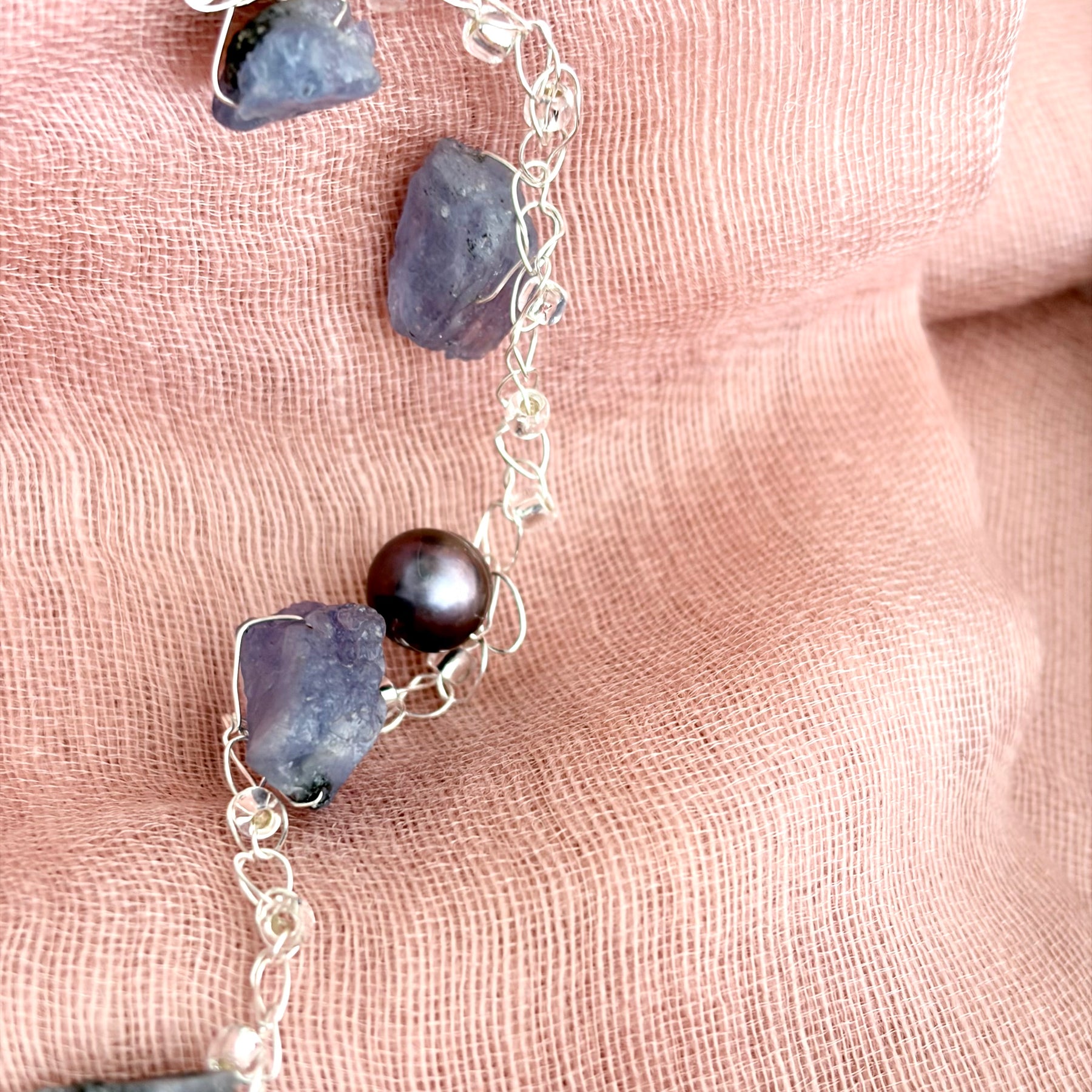 Tanzanite & Pearls Crochet Necklace “Magic”