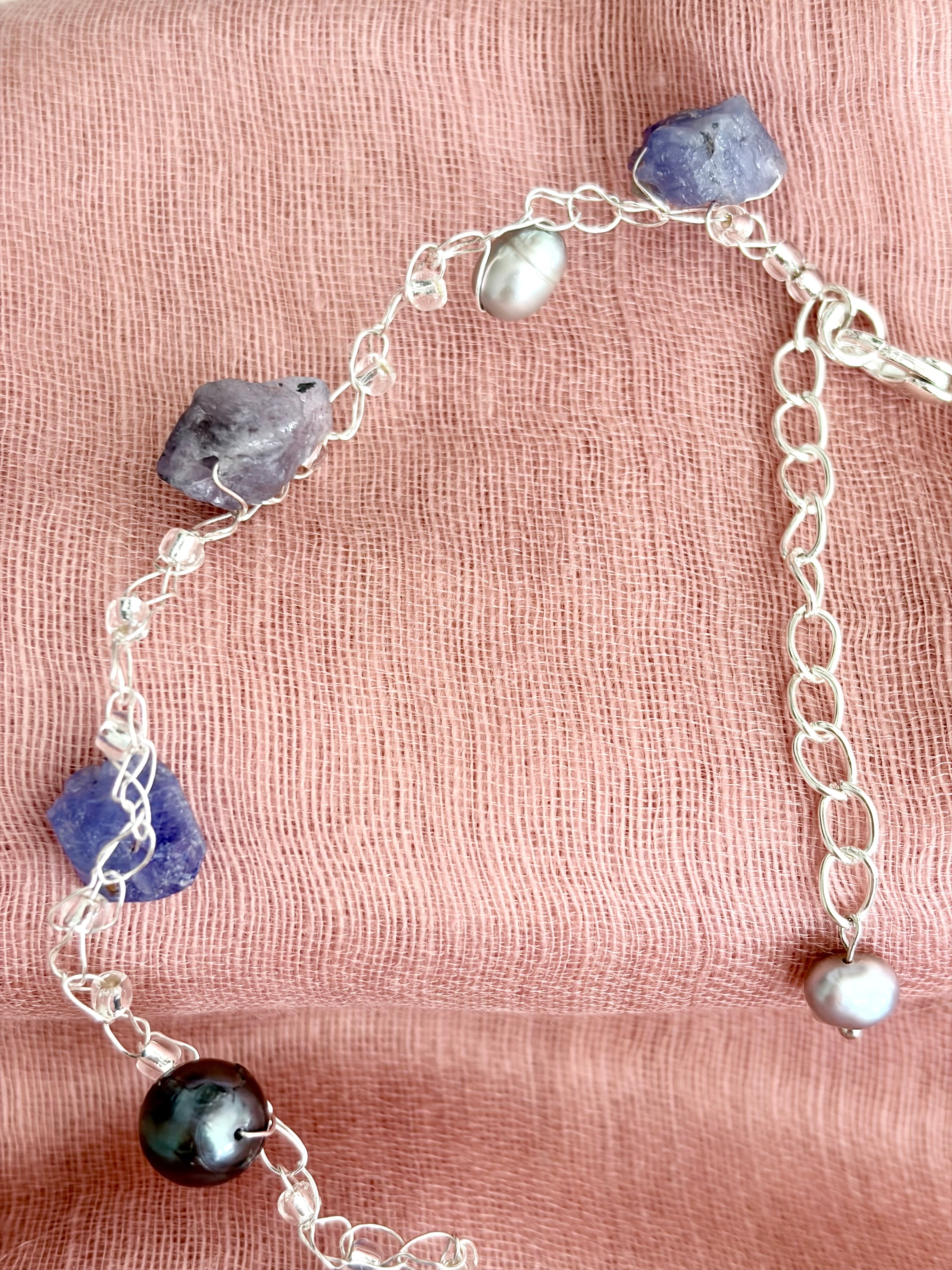 Tanzanite & Pearls Crochet Necklace “Magic”