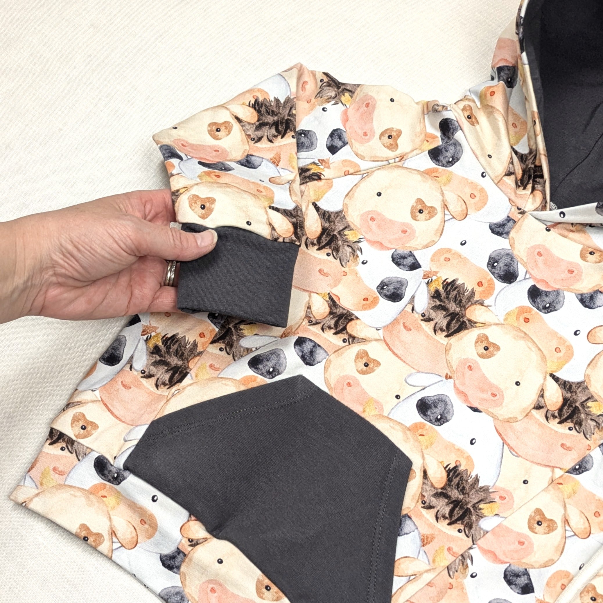 Handmade Hooded Jumper, Grey Cuffs | Barnyard Collection | size 2-3y