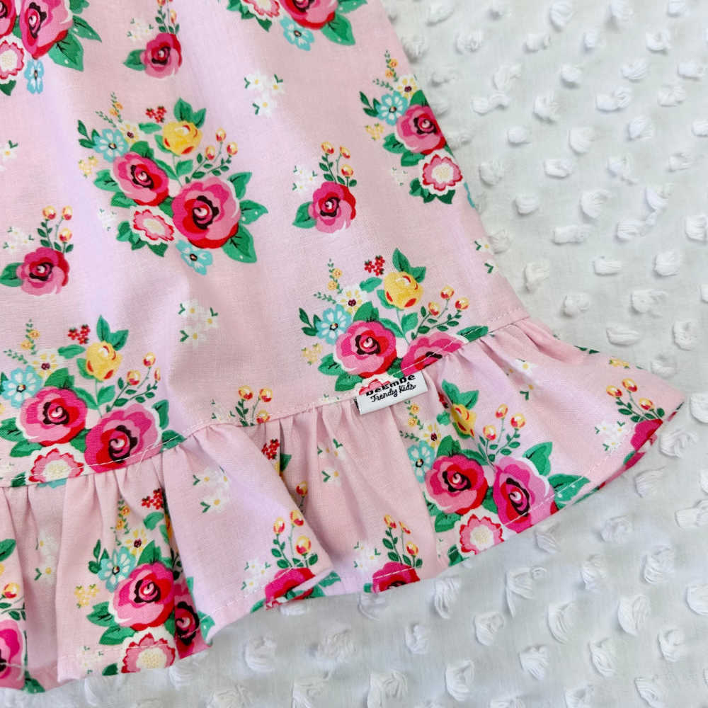 Girls Handmade Pink Floral Dress – Lace Sleeves