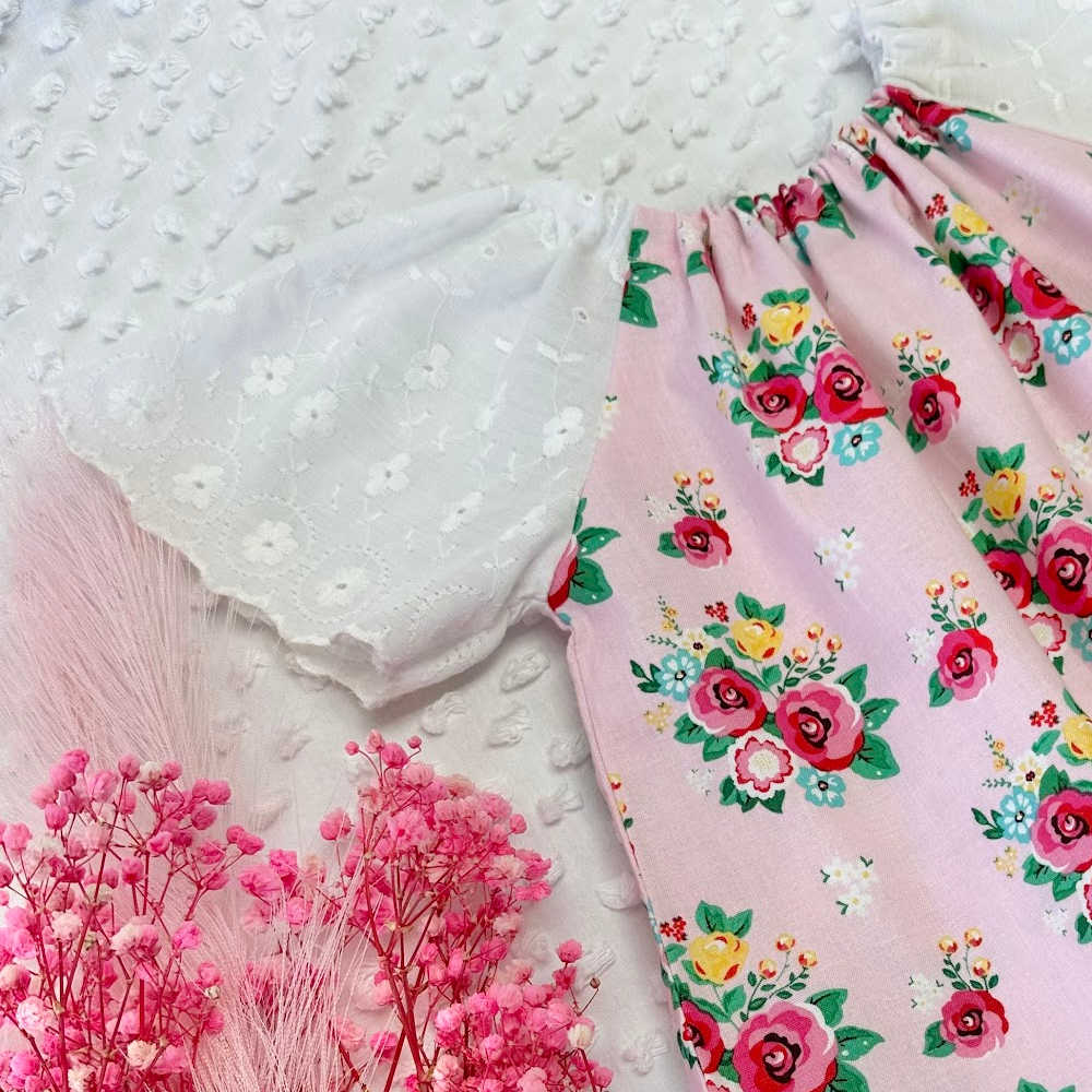 Girls Handmade Pink Floral Dress – Lace Sleeves