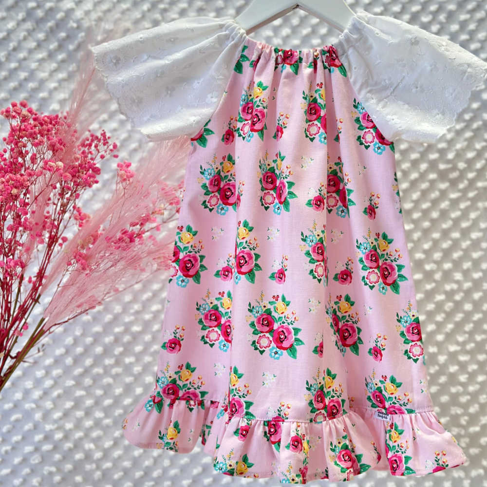 Girls Handmade Pink Floral Dress – Lace Sleeves