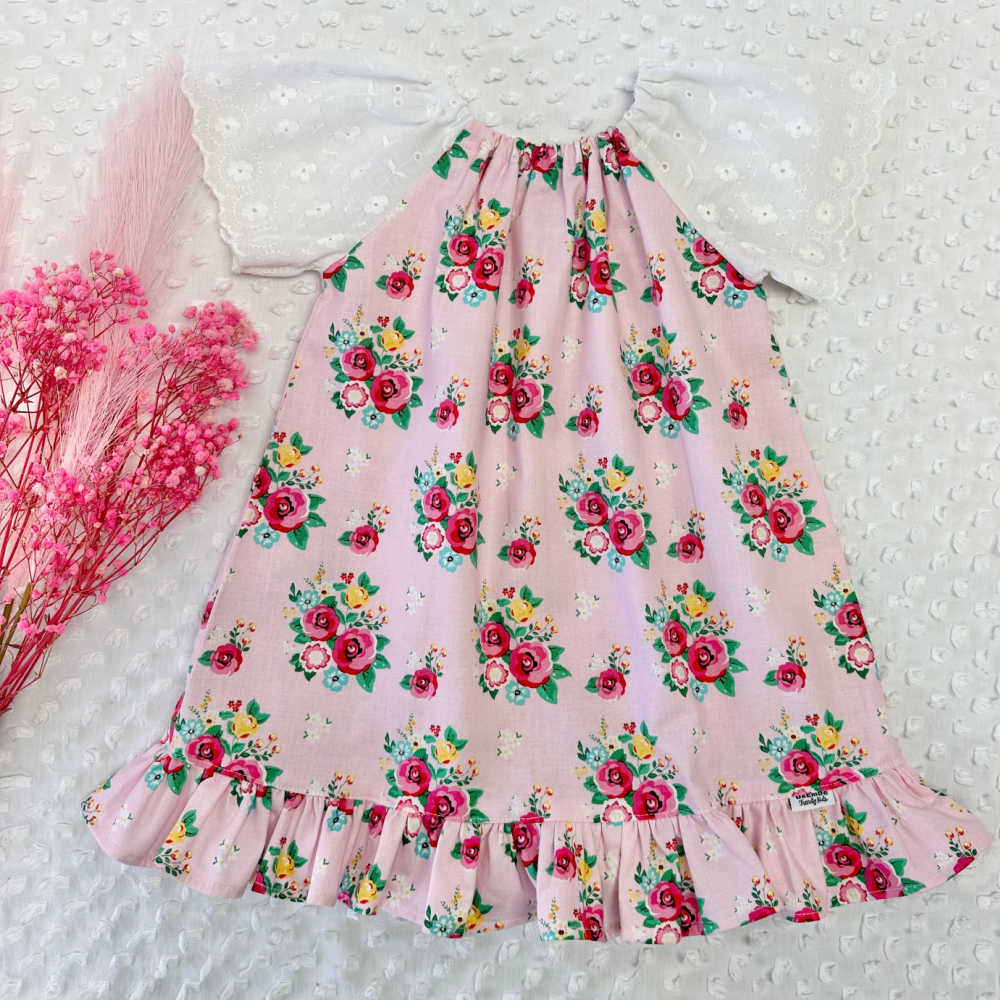 Girls Handmade Pink Floral Dress – Lace Sleeves