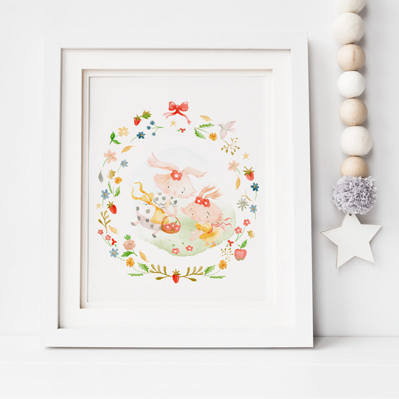 Whimsical Nursery Art Print- 'Flower Picking' Watercolour