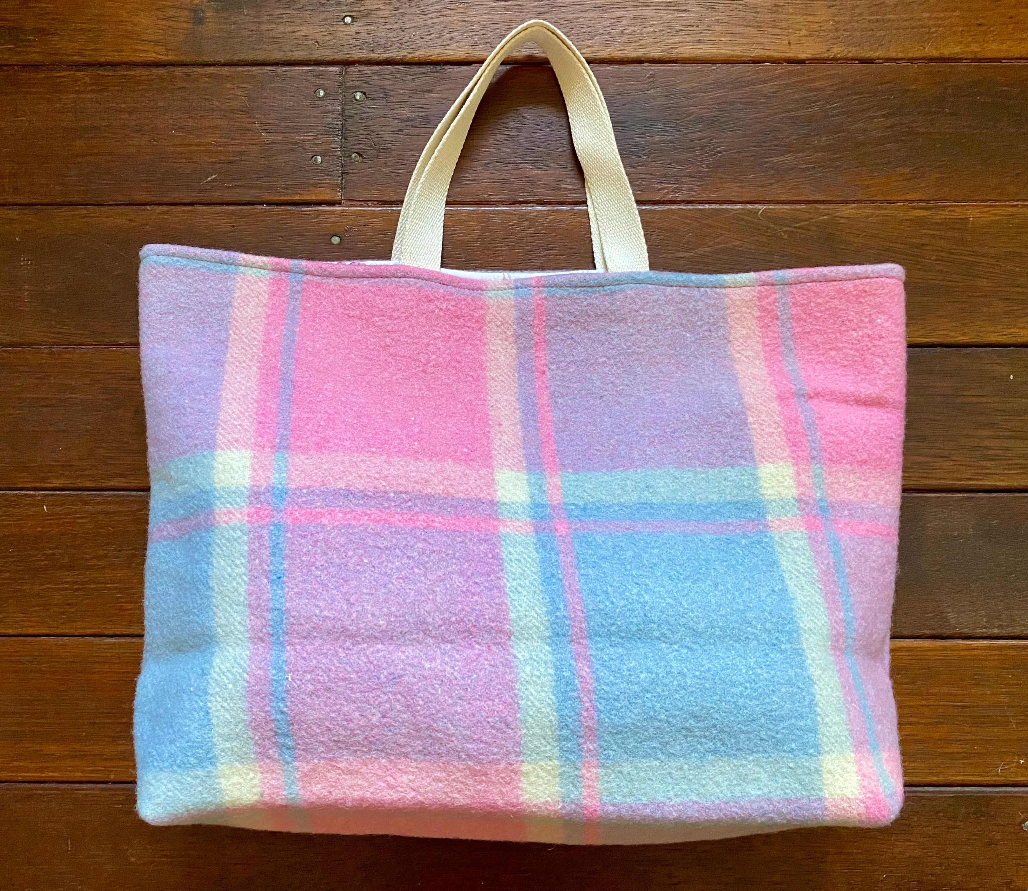 Upcycled Woollen Blanket - Market Tote - Pink/Blue