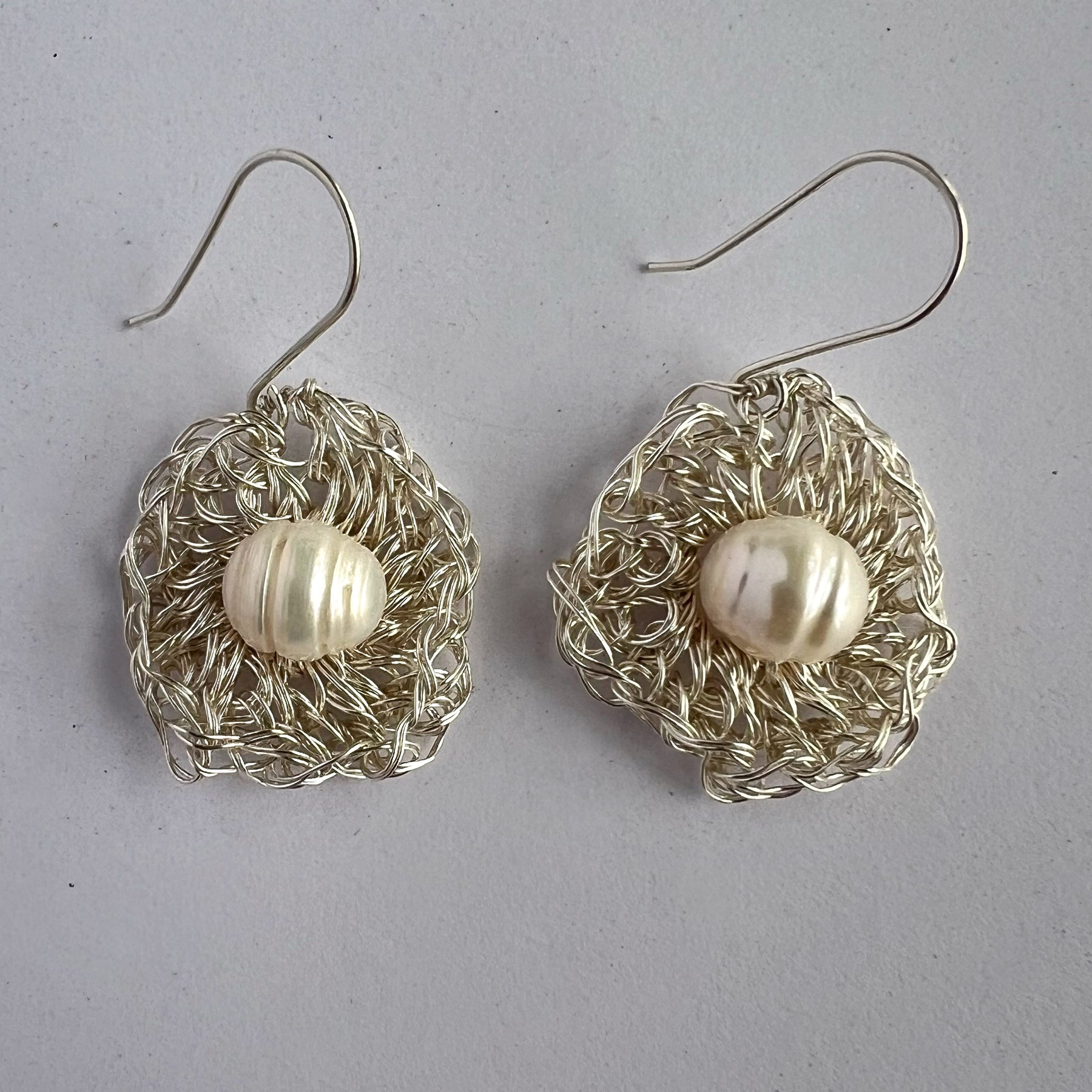Silver Wire Crochet Pearl Earrings with Argentium Hooks