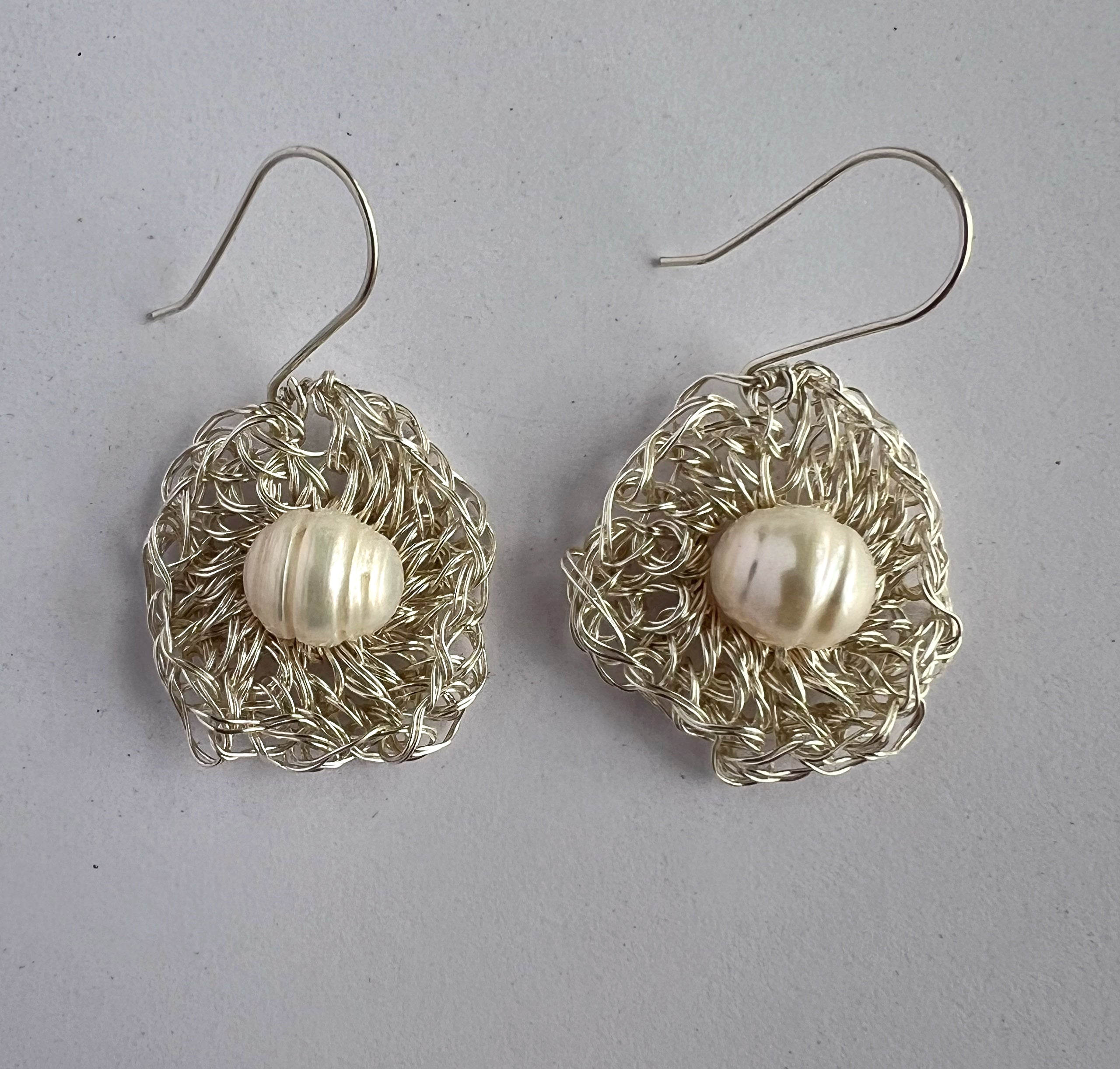 Silver Wire Crochet Pearl Earrings with Argentium Hooks