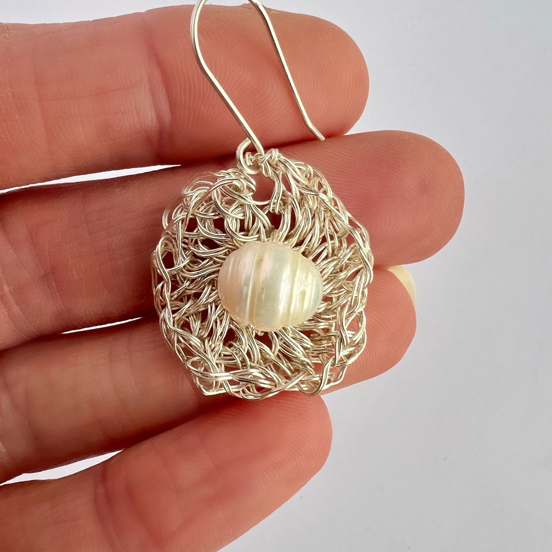 Silver Wire Crochet Pearl Earrings with Argentium Hooks
