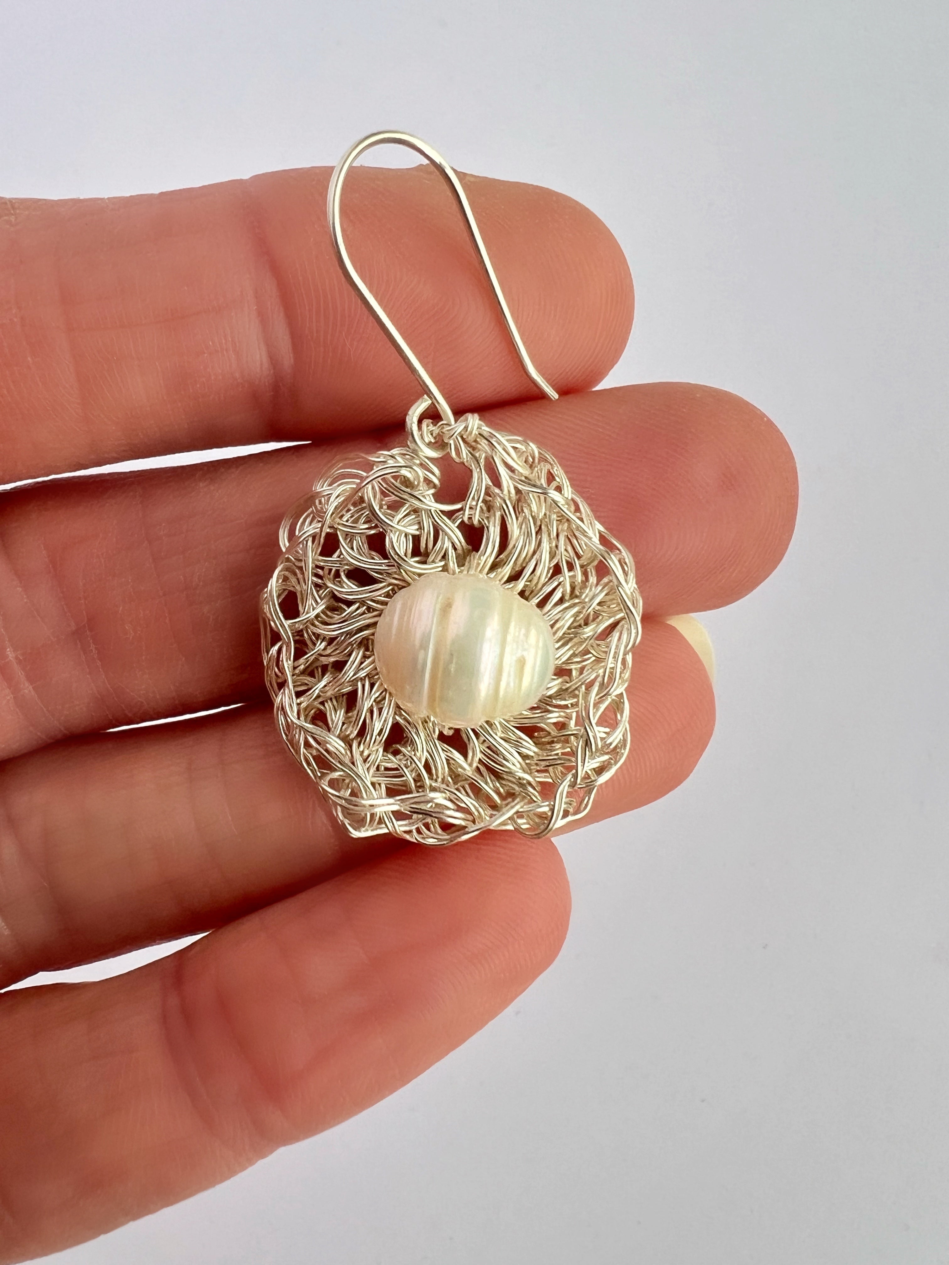 Silver Wire Crochet Pearl Earrings with Argentium Hooks