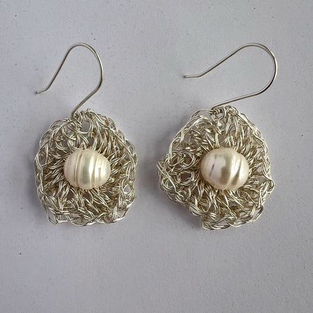 Silver Wire Crochet Pearl Earrings with Argentium Hooks
