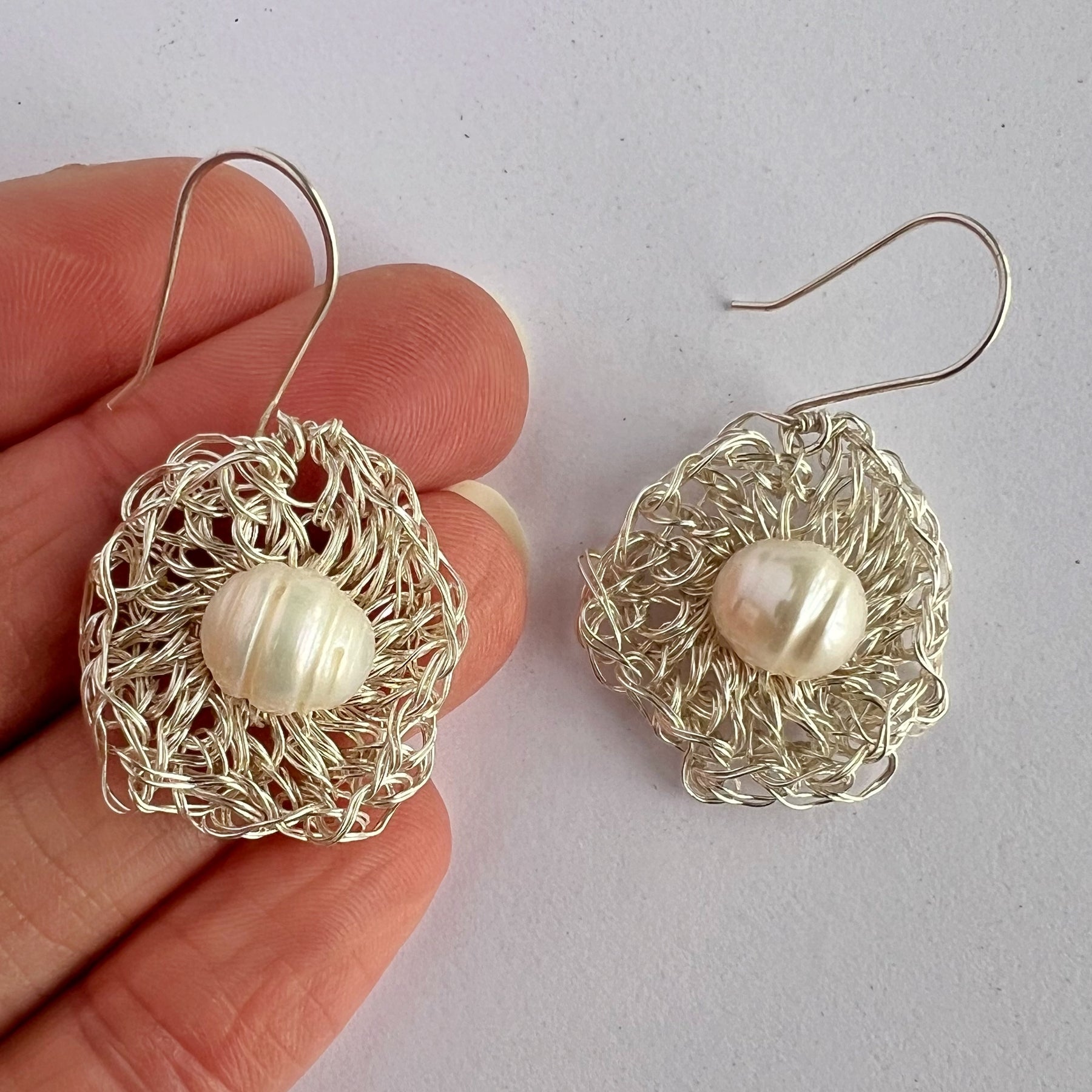Silver Wire Crochet Pearl Earrings with Argentium Hooks