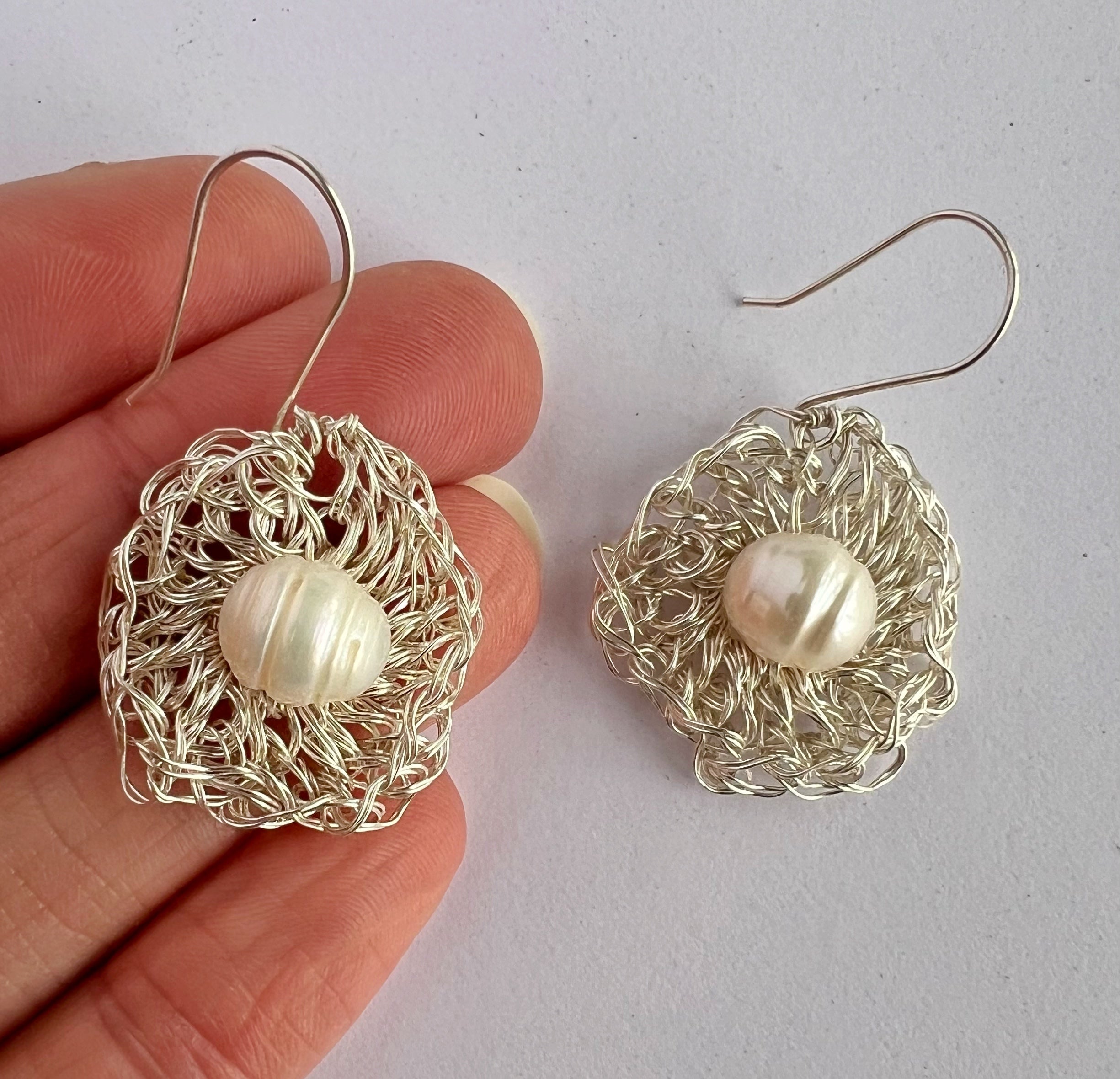 Silver Wire Crochet Pearl Earrings with Argentium Hooks
