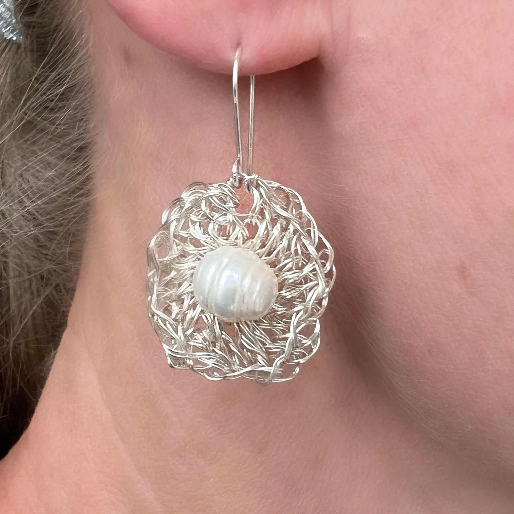 Silver Wire Crochet Pearl Earrings with Argentium Hooks