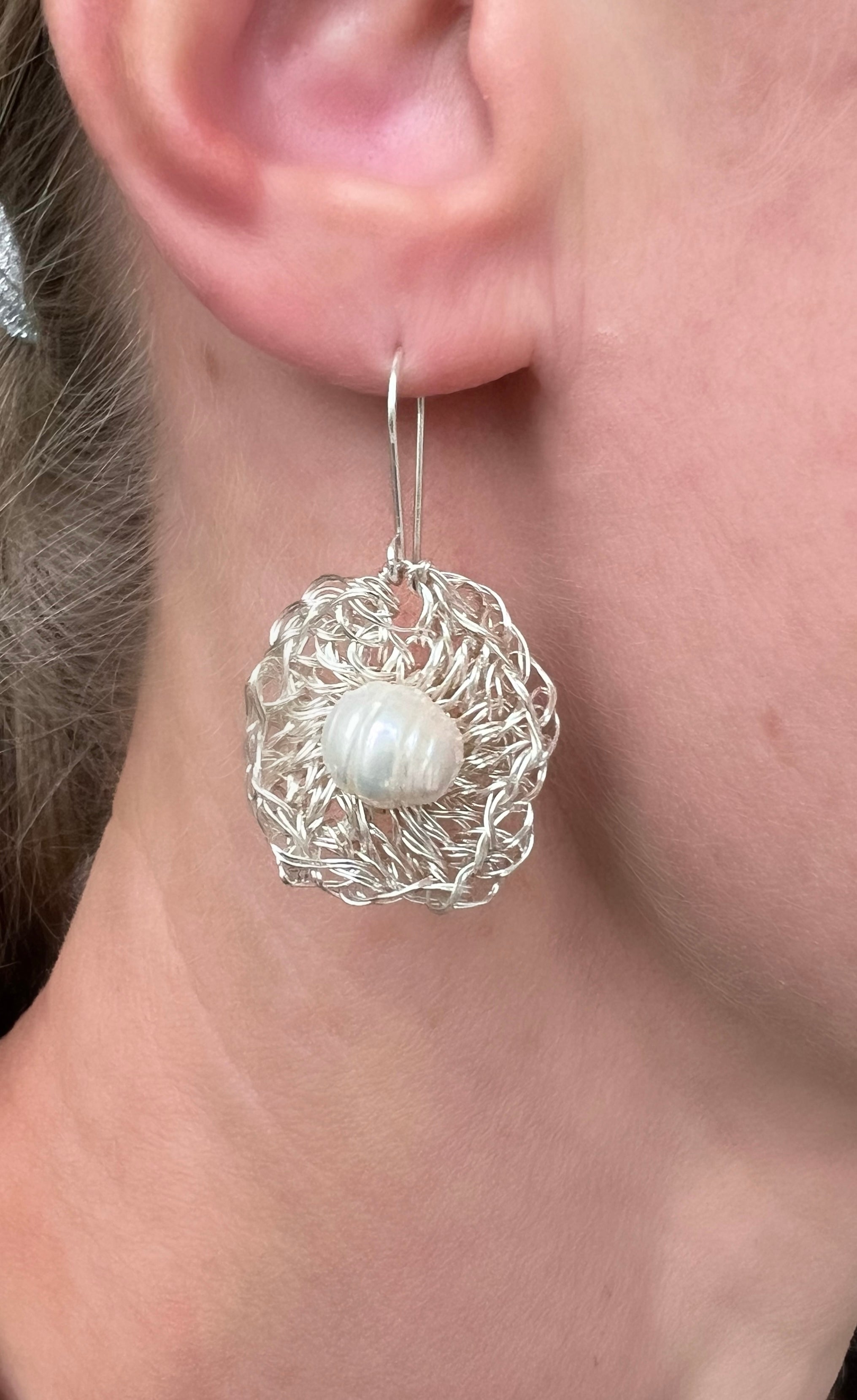 Silver Wire Crochet Pearl Earrings with Argentium Hooks