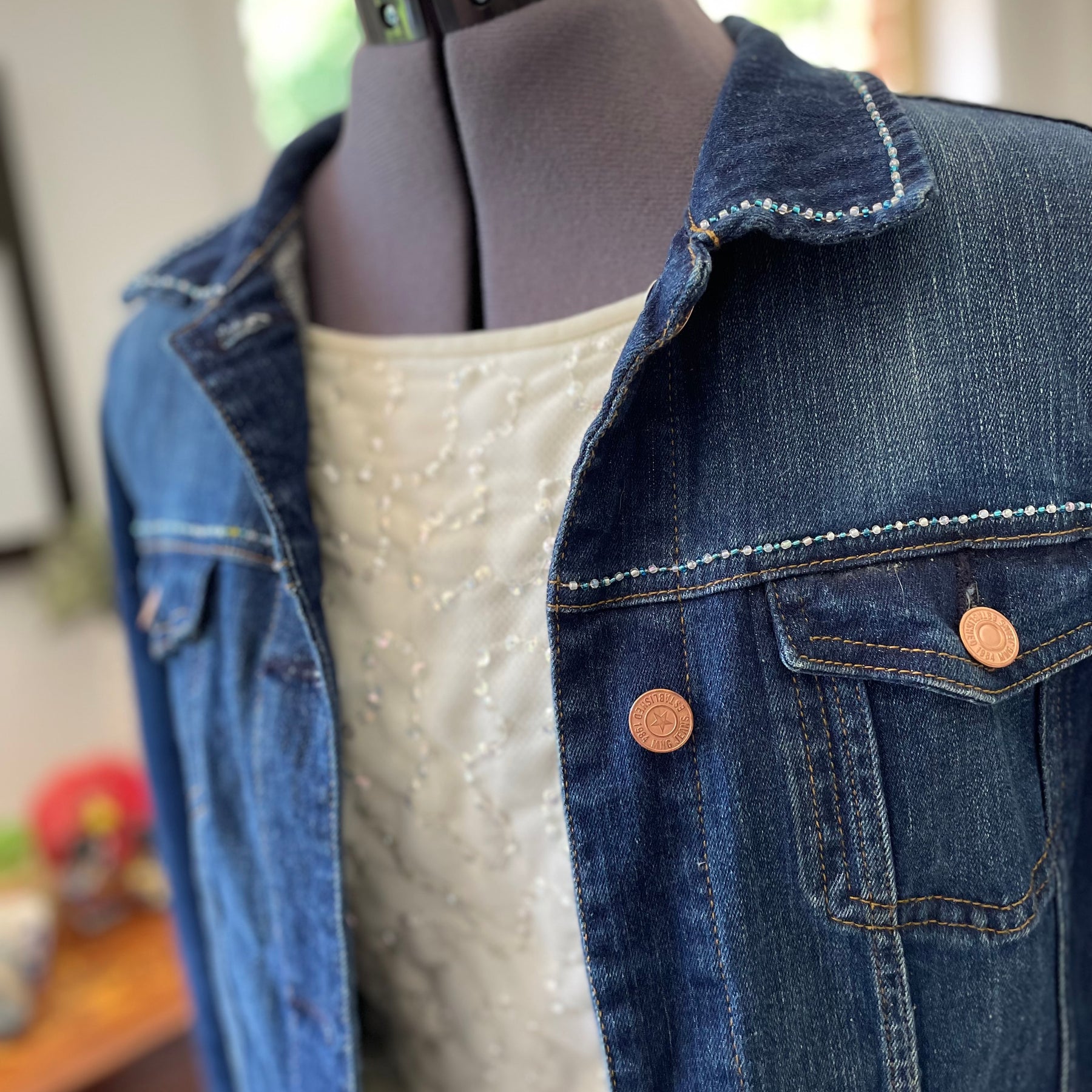 Upcycled Denim Jacket, Hand Beaded Teapot Embroidery