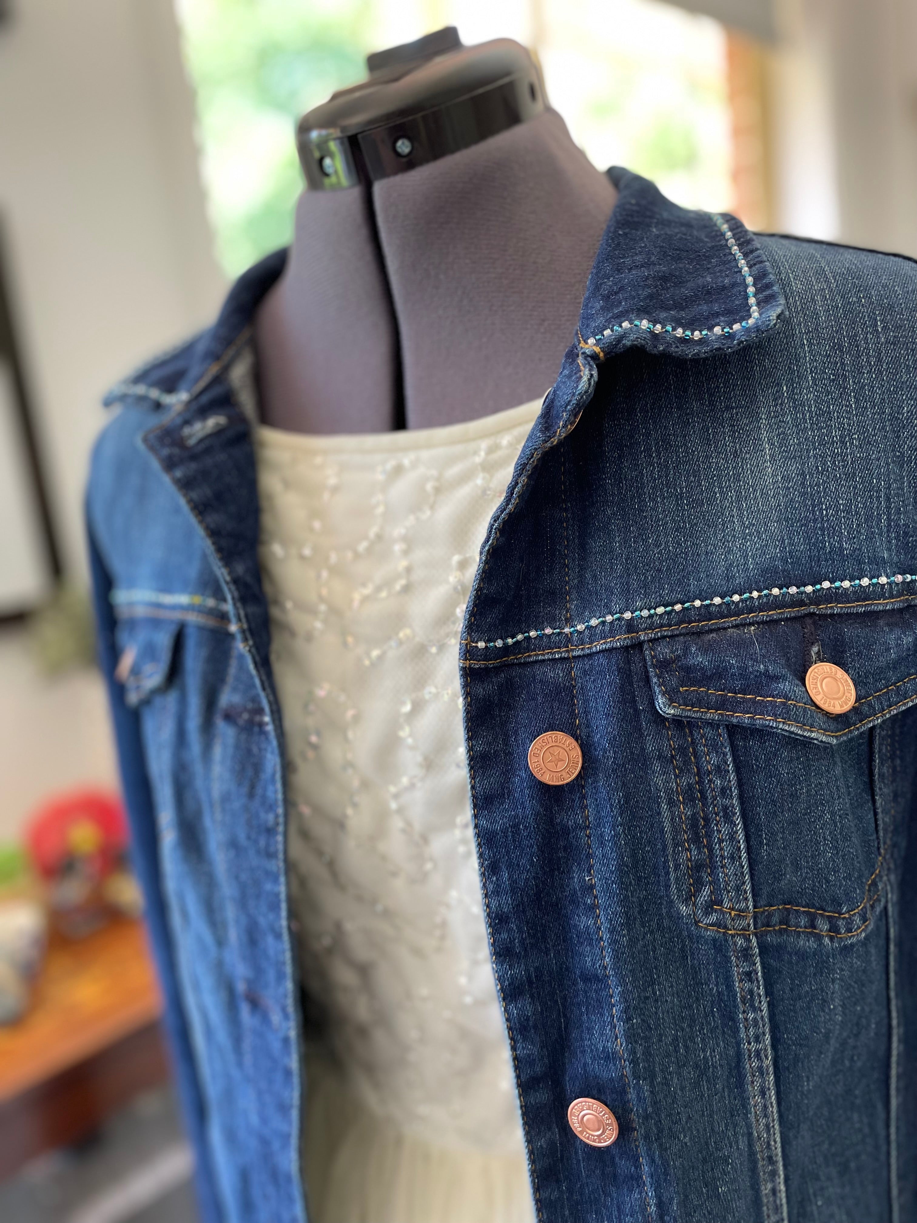 Upcycled Denim Jacket, Hand Beaded Teapot Embroidery