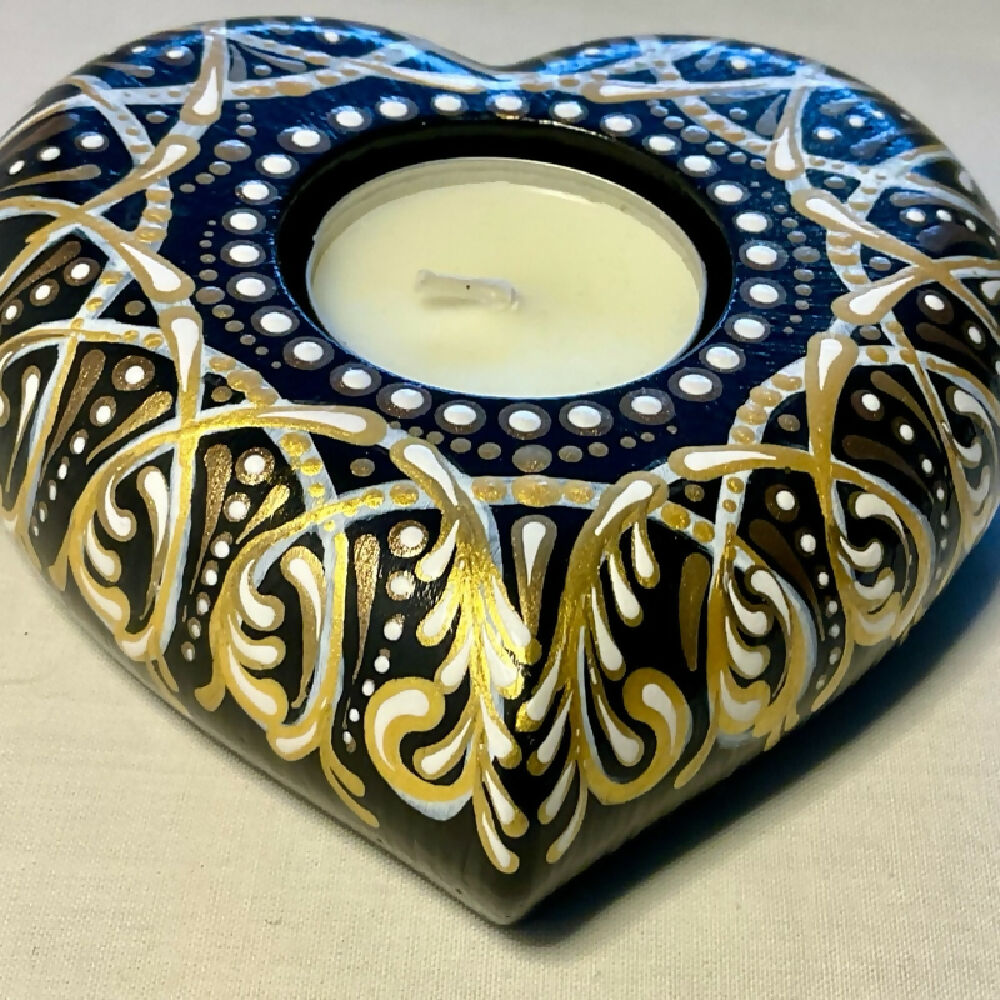 Unique Hand-painted Heart Tea-light Candle Holder Gift, Gold, Brown, White & Black