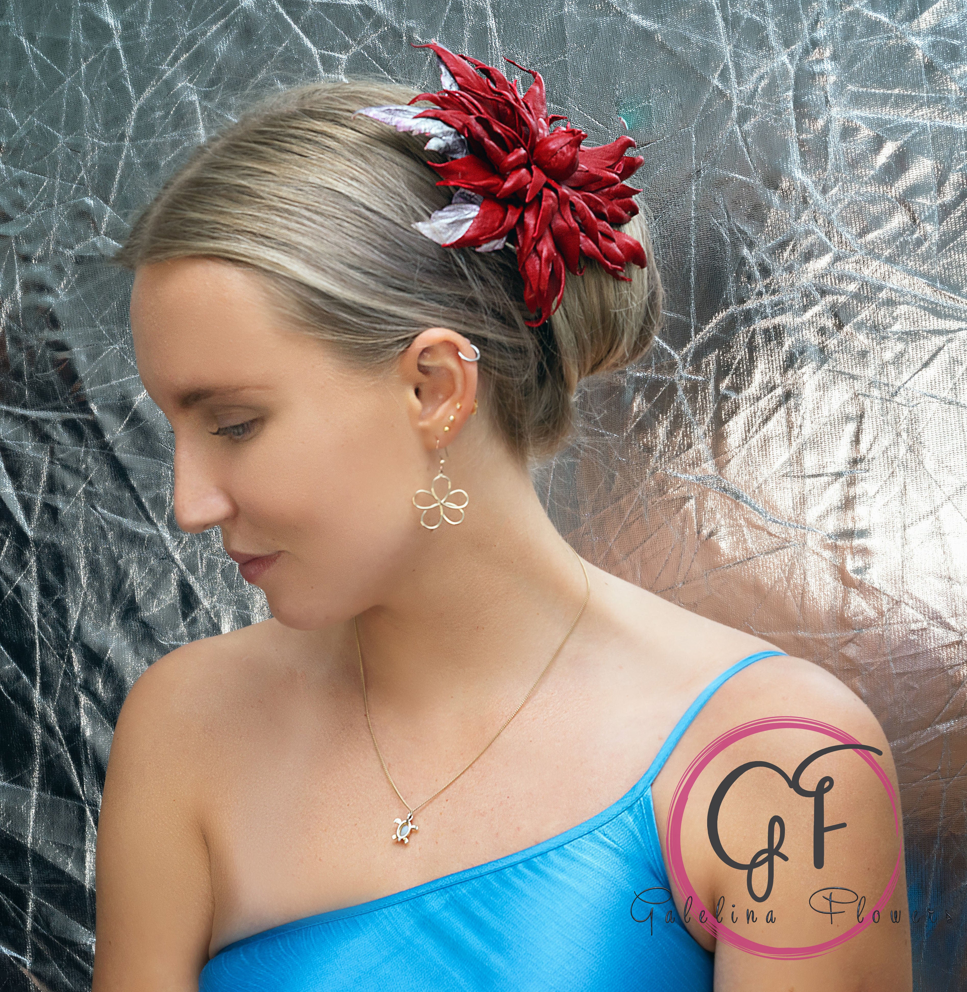 Leather Red Dahlia “Burning Petals” Brooch, Hair hat clip, Corsage Flower