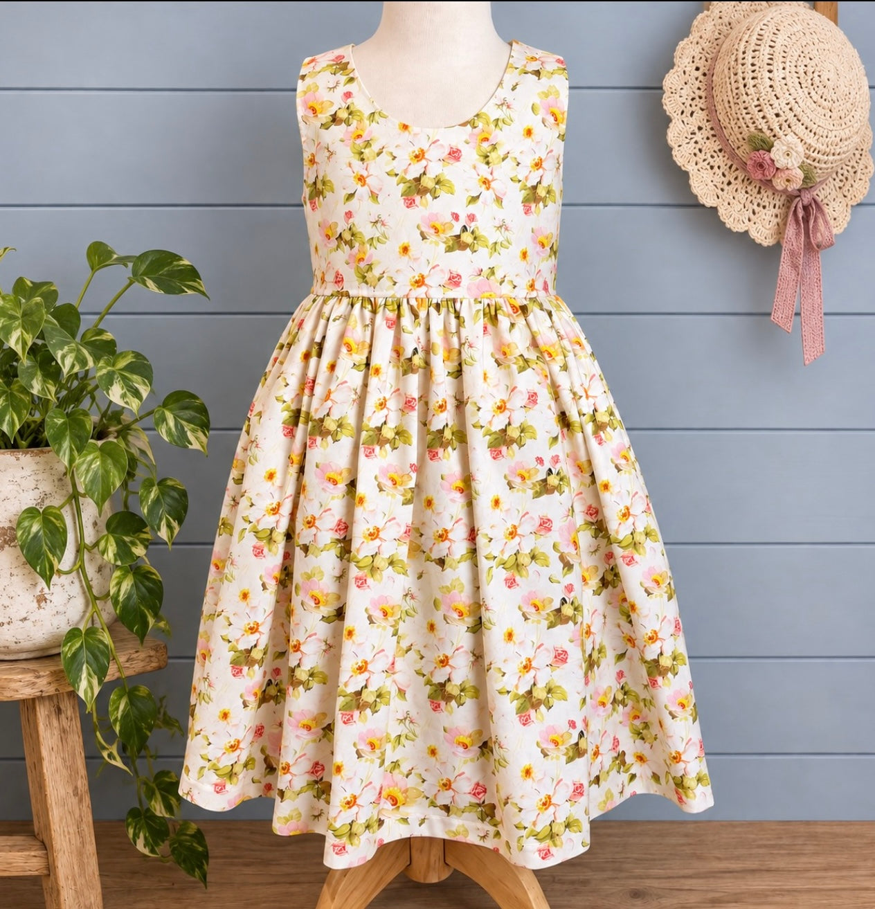 Lemon Camellia Floral Sundress with Matching Scrunchie