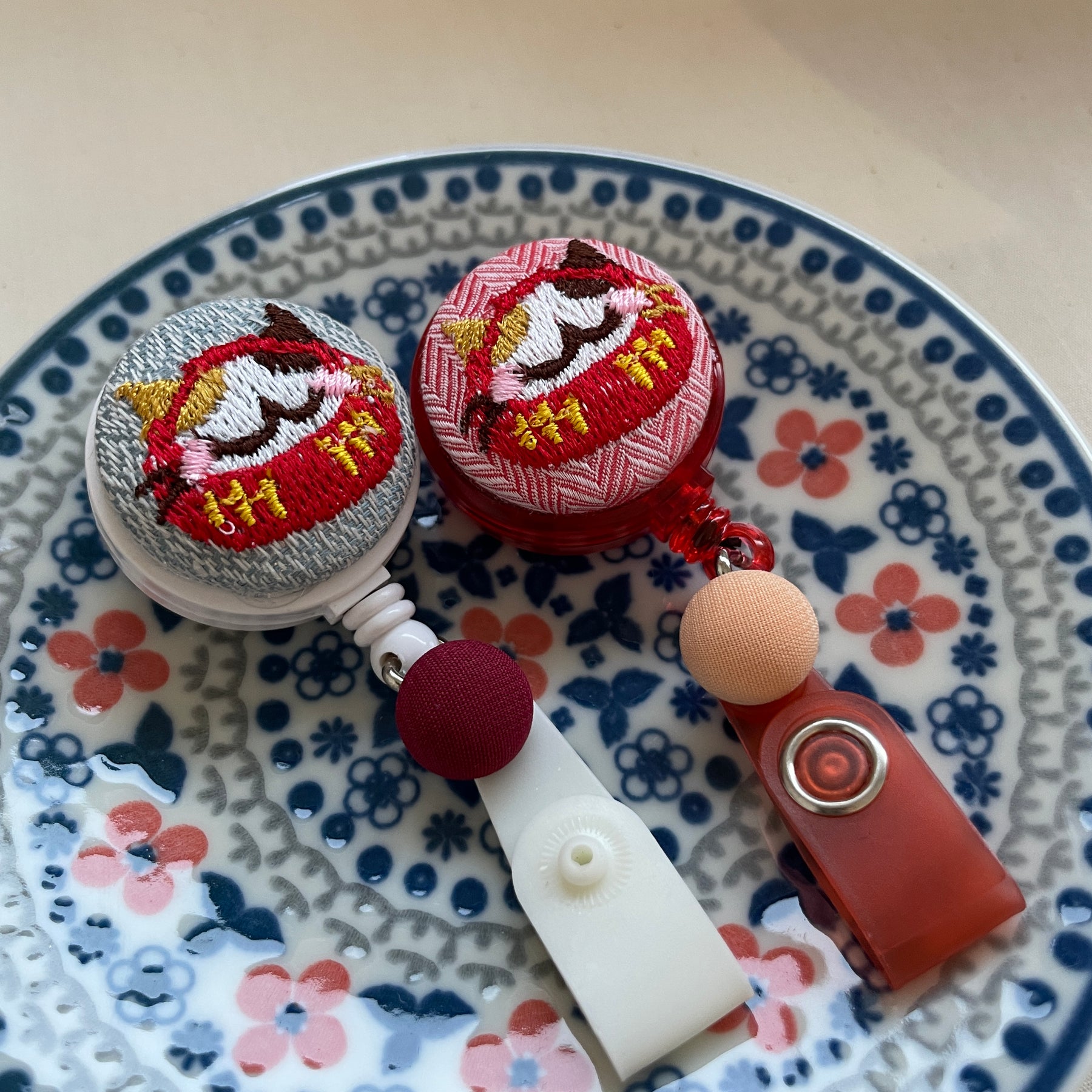 Embroidered Daruma CATS Nurse Badge Reels w Japanese Fabric