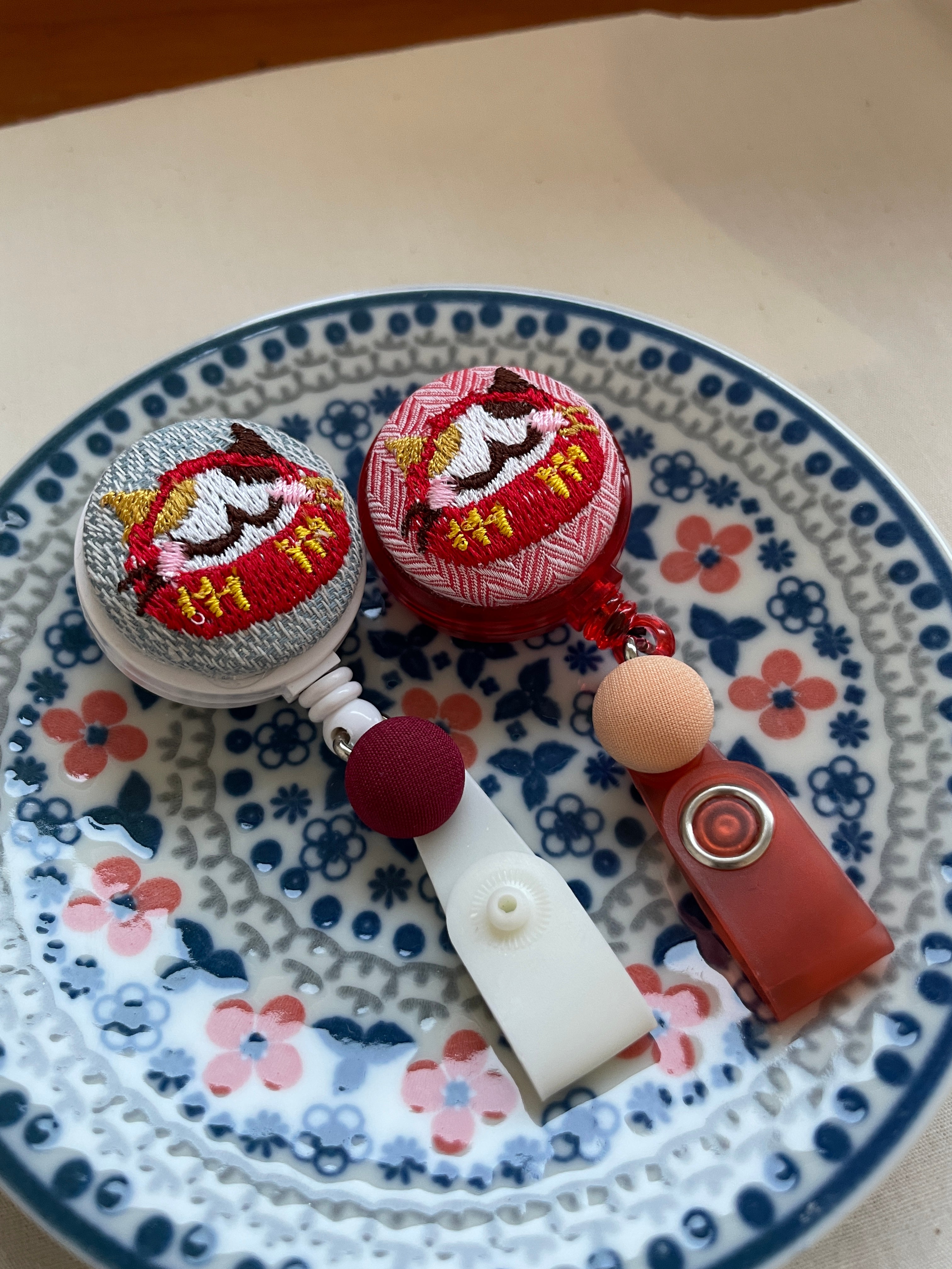 Embroidered Daruma CATS Nurse Badge Reels w Japanese Fabric