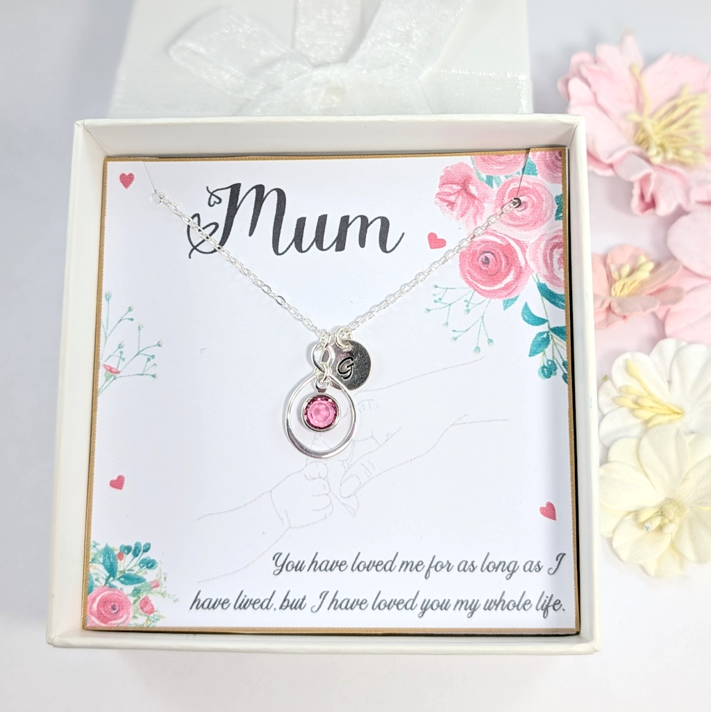 Personalized Necklace Gift for Mum,Sterling Silver Initial Birthstone