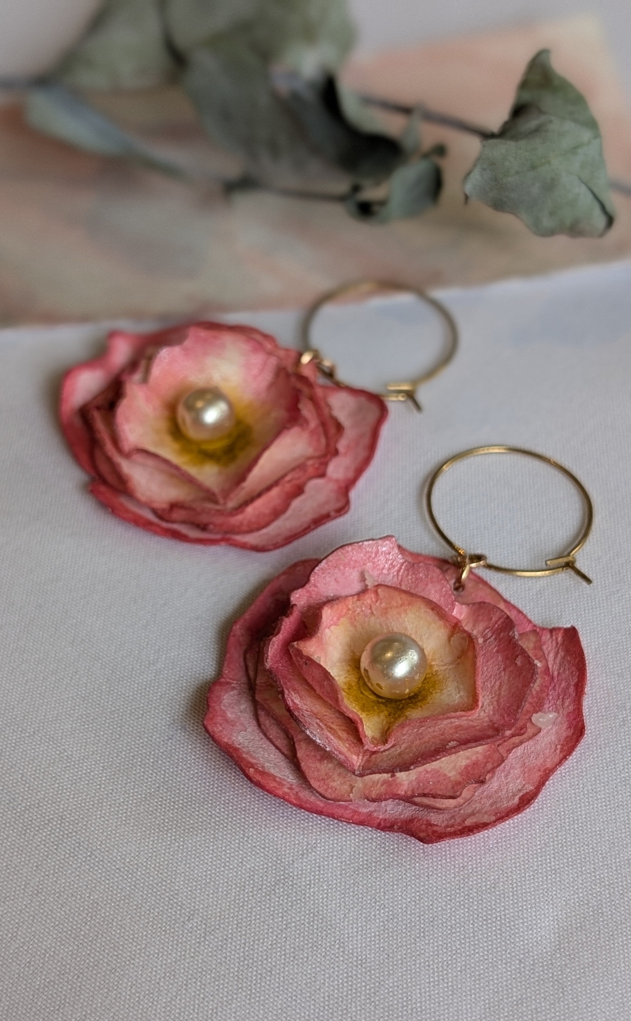 Handmade Ranunculus Watercolour Hoop Earrings – Pink Floral with Pearl Centre