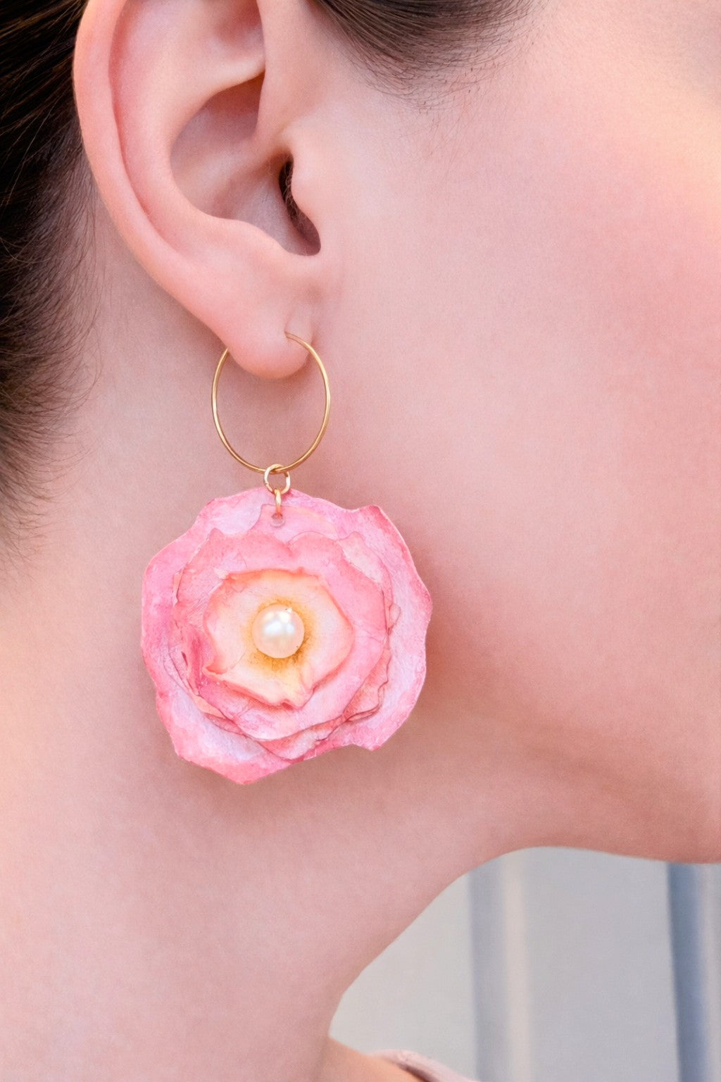 Handmade Ranunculus Watercolour Hoop Earrings – Pink Floral with Pearl Centre