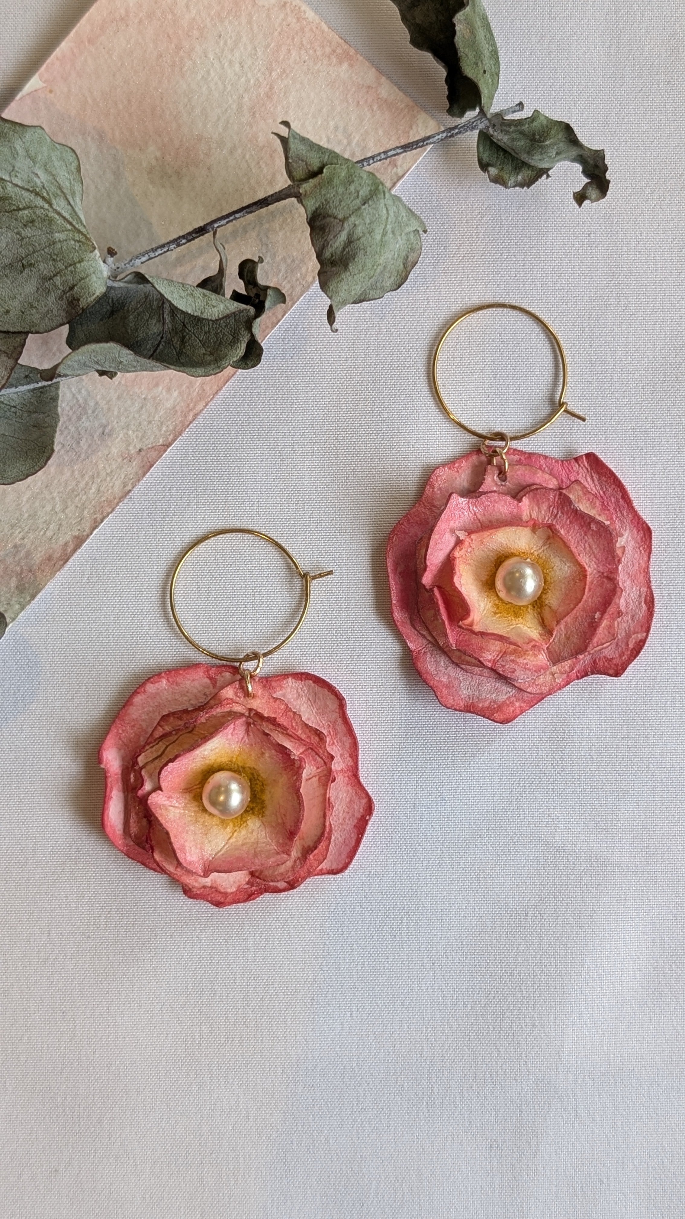 Handmade Ranunculus Watercolour Hoop Earrings – Pink Floral with Pearl Centre