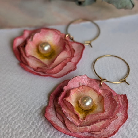 Handmade Ranunculus Watercolour Hoop Earrings – Pink Floral with Pearl Centre